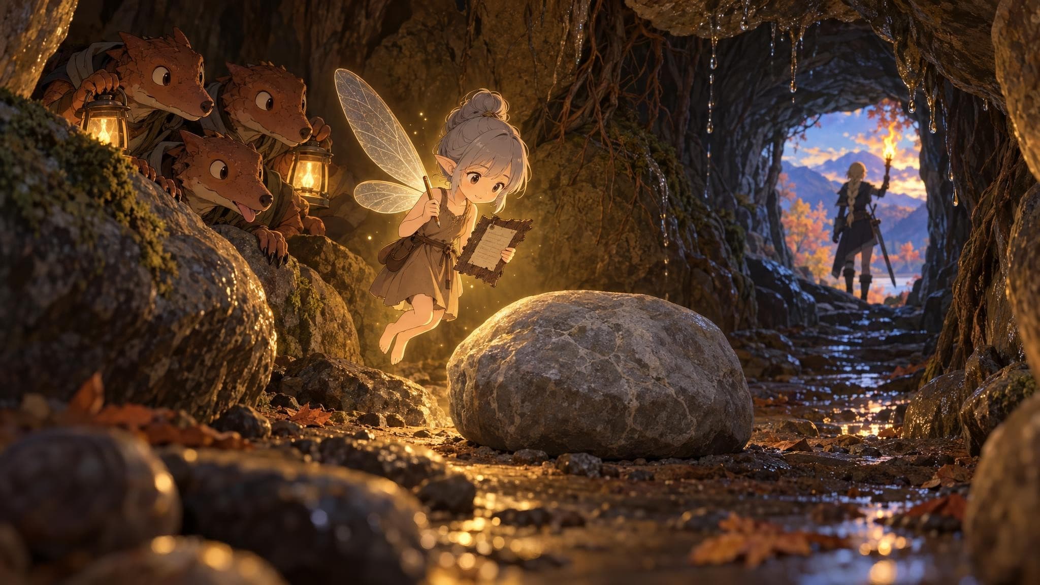 A glowing cave hollow where a small winged fairy hovers, with a figure standing in an arched opening beyond