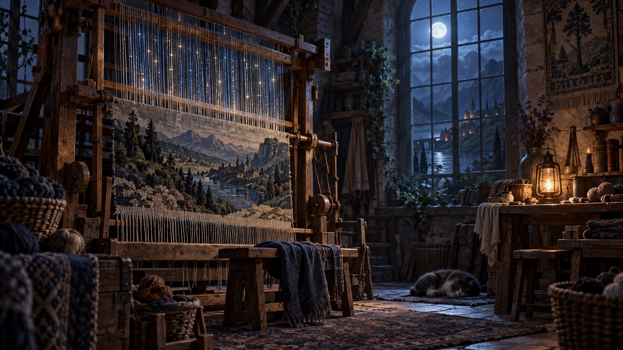 A weaver’s workshop at night: a wooden loom holds a half-woven tapestry of a river valley and castle, moonlight falls through a tall window, a lantern glows on the worktable, and a cat sleeps on the rug.