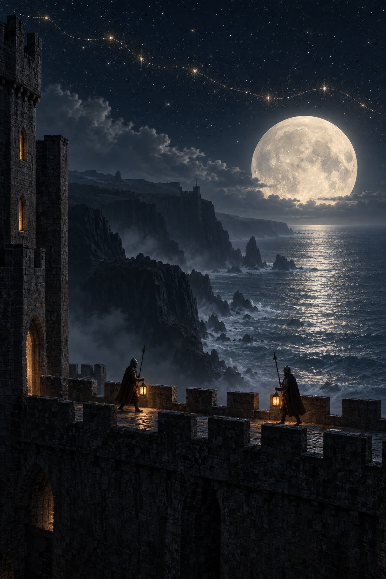 Two guards carrying lanterns walk a castle wall beneath a great full moon rising over sea cliffs, a line of golden stars drawn across the sky