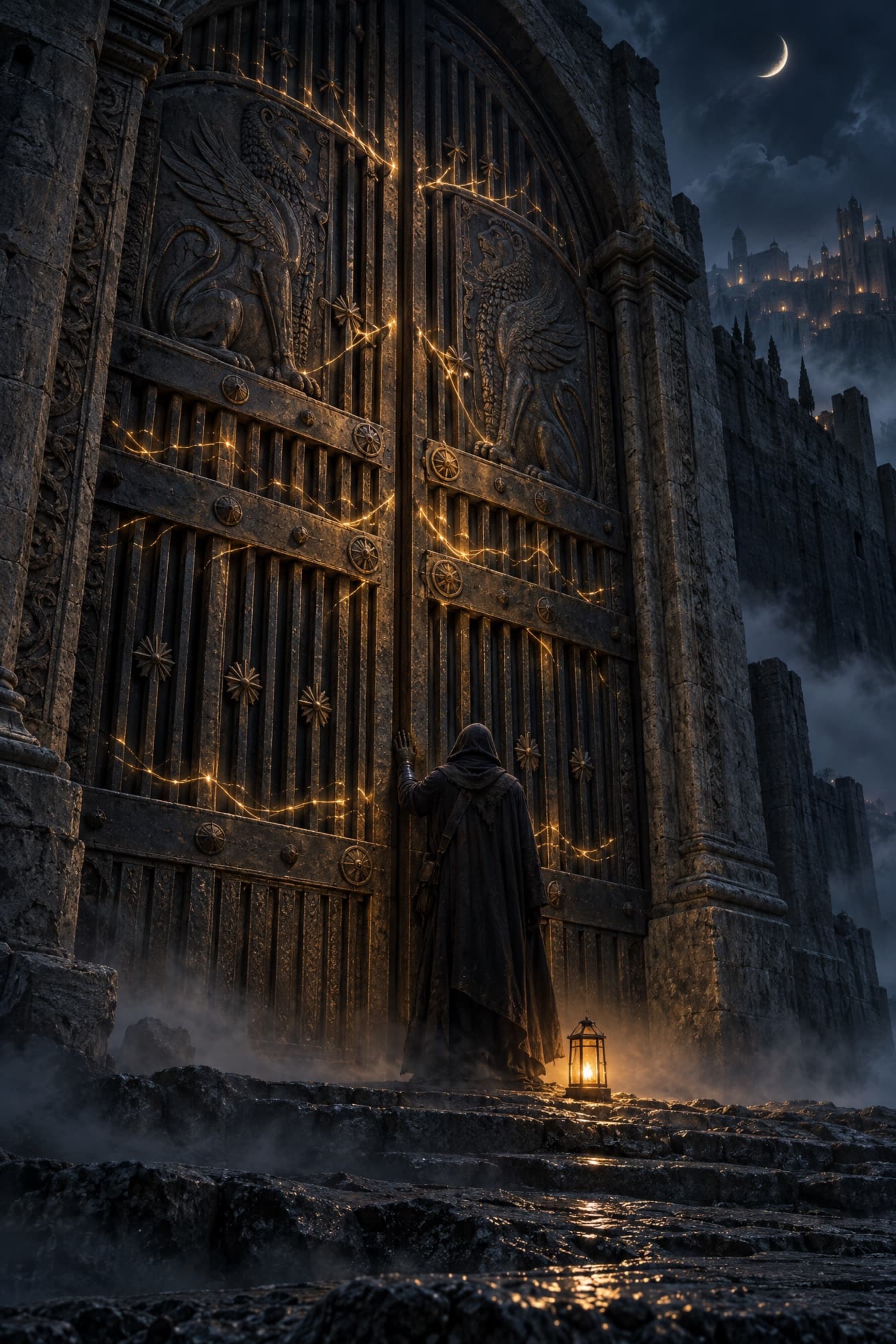 A hooded figure waits at the foot of a colossal iron gate bound with threads of golden light, a lantern on the step and a crescent moon overhead