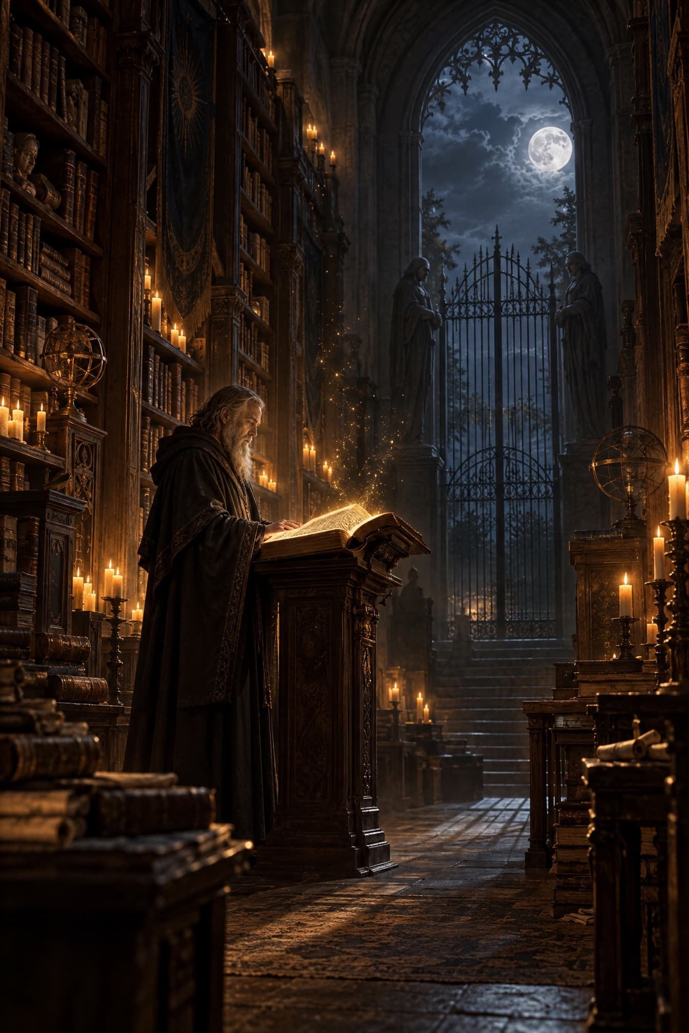 An old archivist reads aloud from a book on a lectern in a candlelit archive, a moonlit gate visible through the arched window behind him