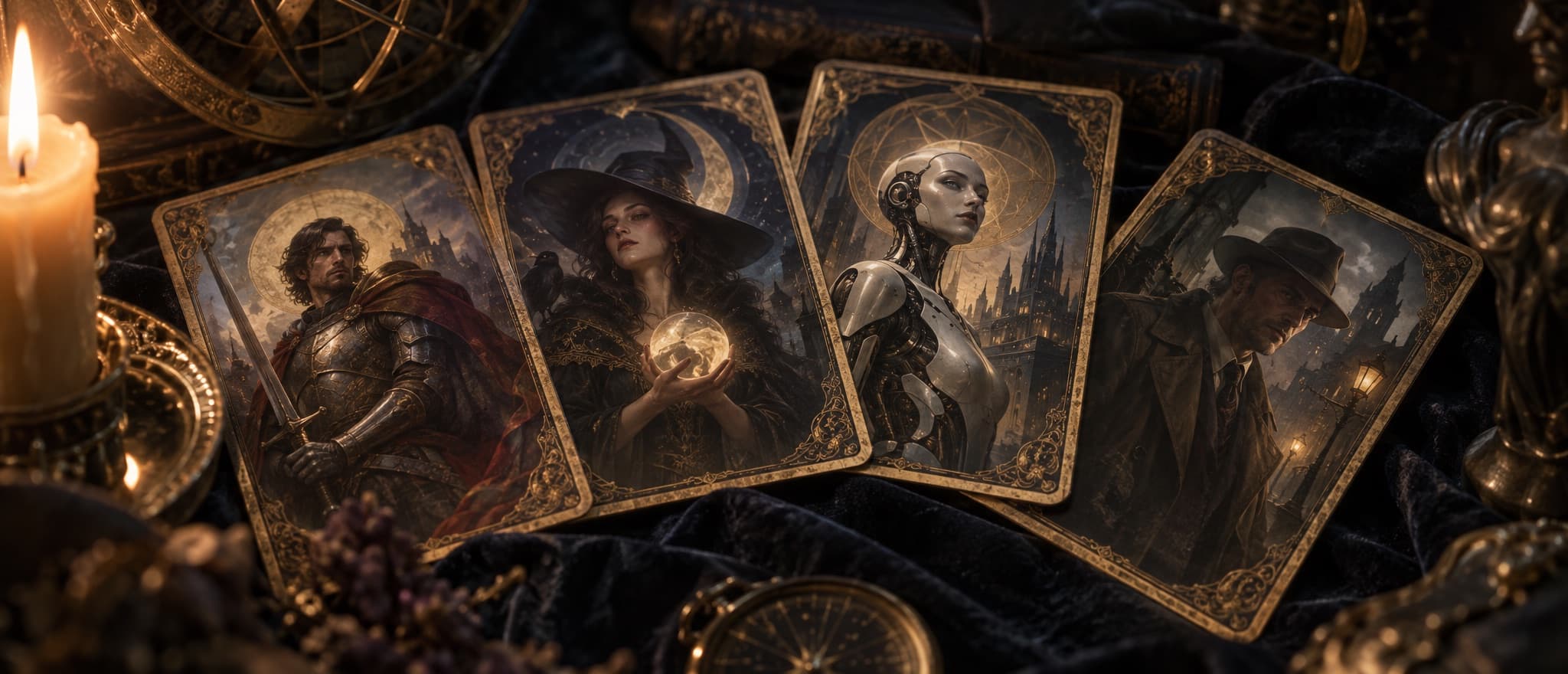 Four illustrated character cards fanned out by candlelight: a knight, a witch, a silver-haired android, and a gunslinger