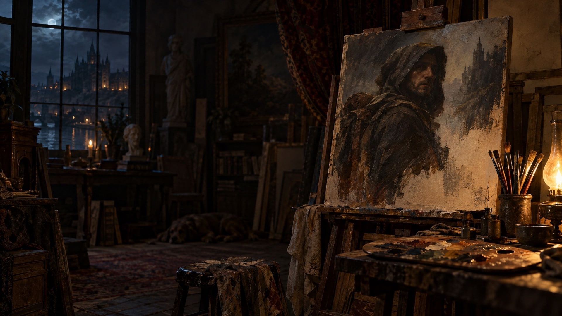 A painted portrait of a hooded traveler with a pack on his shoulders and a dark castle rising behind him