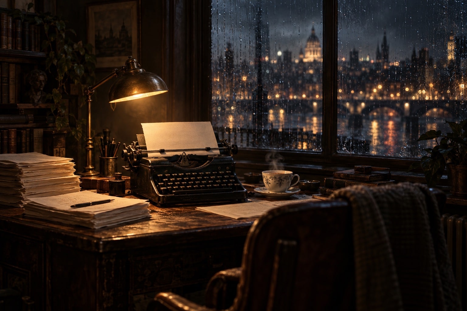 A typewriter with a fresh page on a lamplit desk, stacks of manuscript beside it, and a rainy city at night through the window