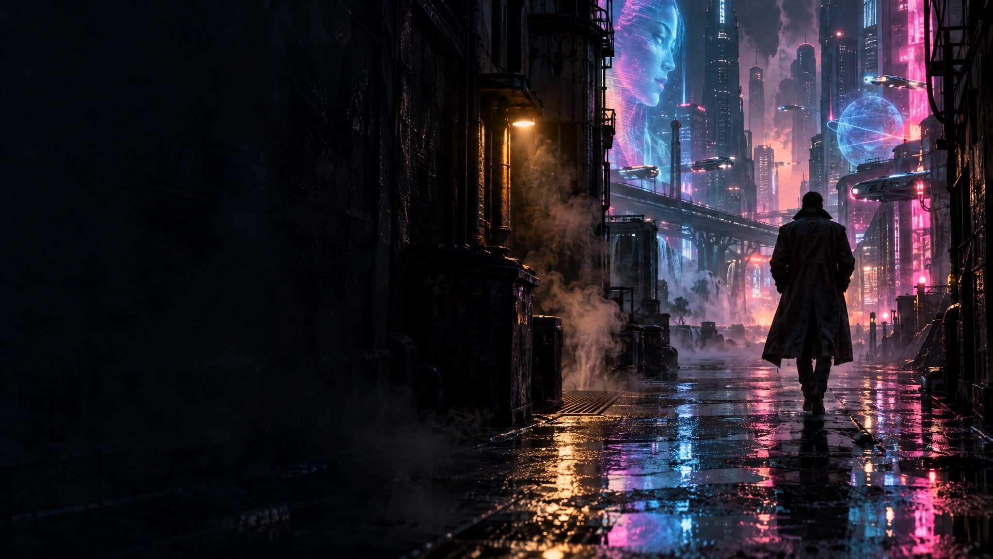 A figure in a long coat walking down a rain-soaked alley toward a neon city of towers