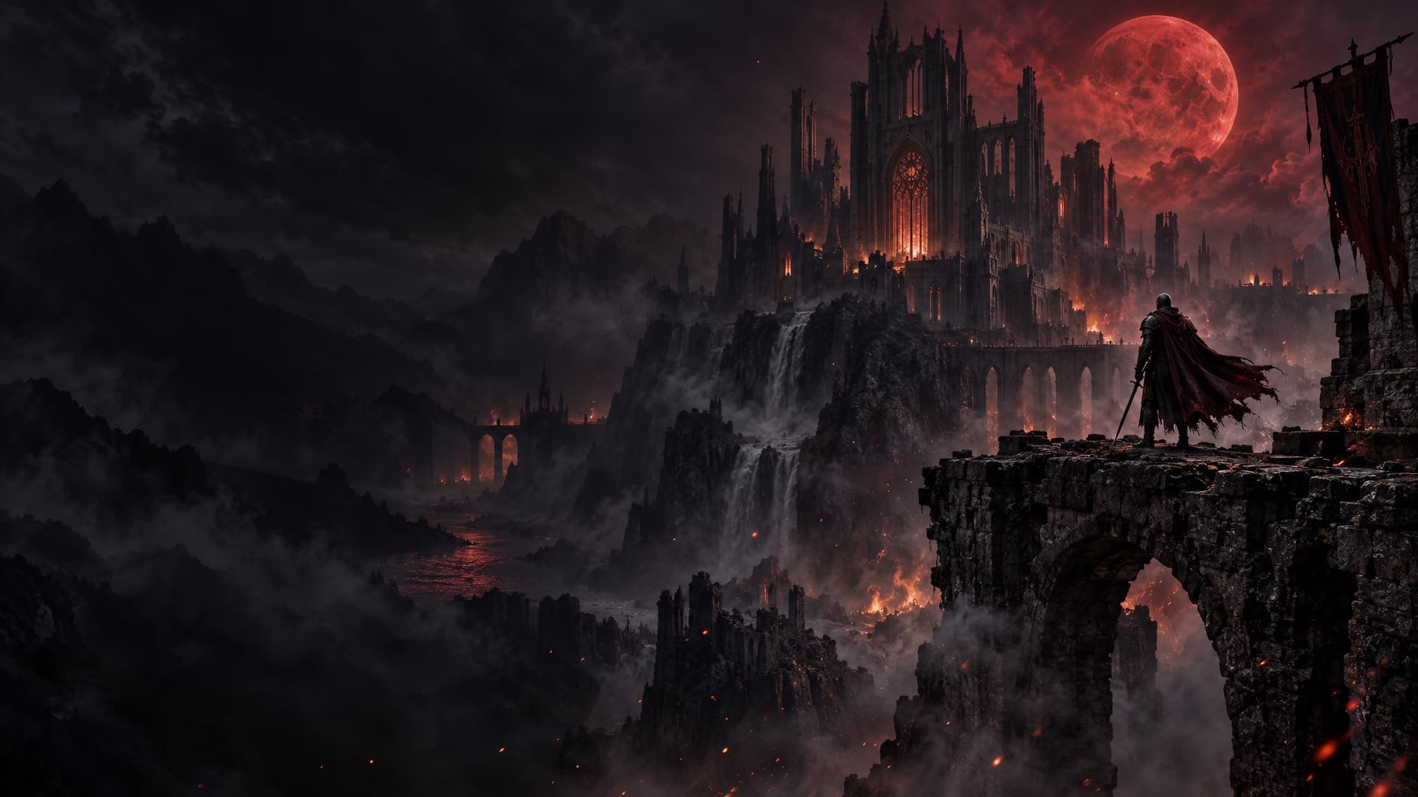 Card art for Ser Caedric: an armored knight in a torn red cloak on a ruined bridge, a red moon over a burning cathedral city