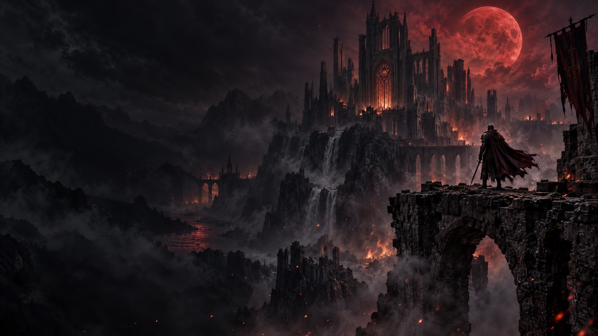 A cloaked knight on a cliff edge facing a burning gothic citadel under a blood-red moon