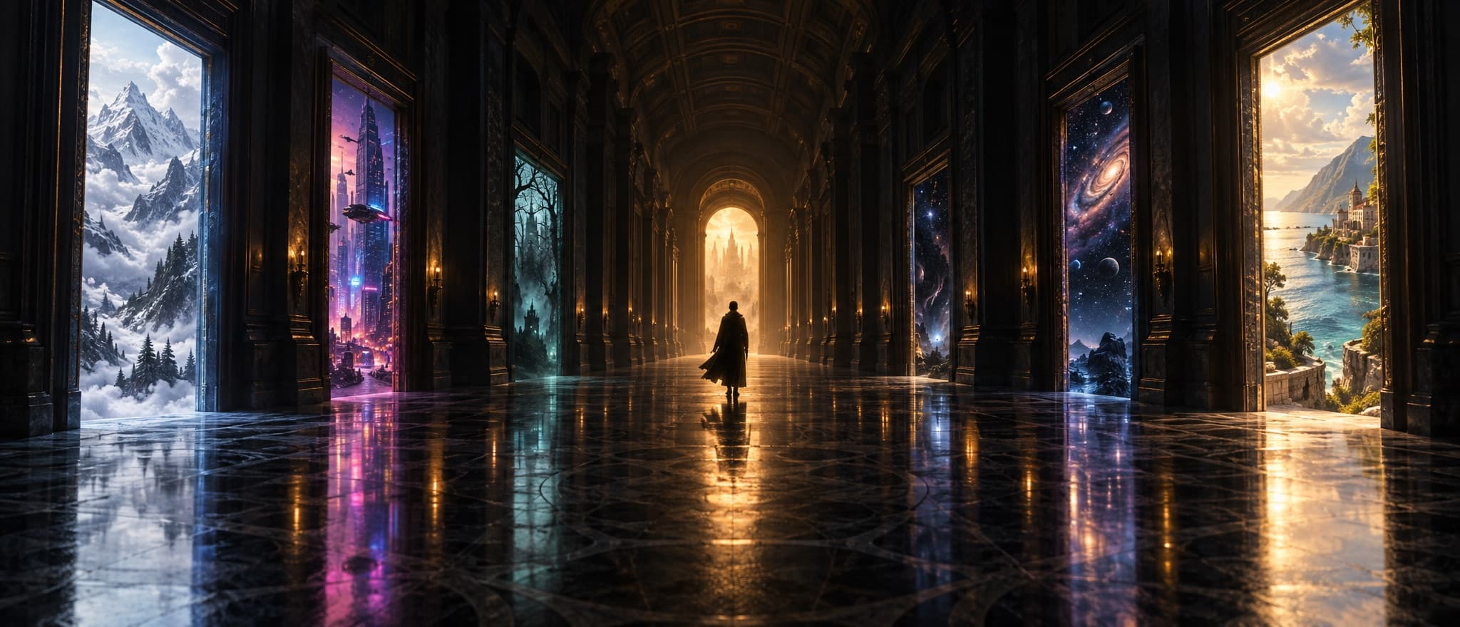 A long marble hall lined with open doorways, each opening onto a different world: snowy peaks, a neon city, a haunted wood, deep space, and a sunlit coast