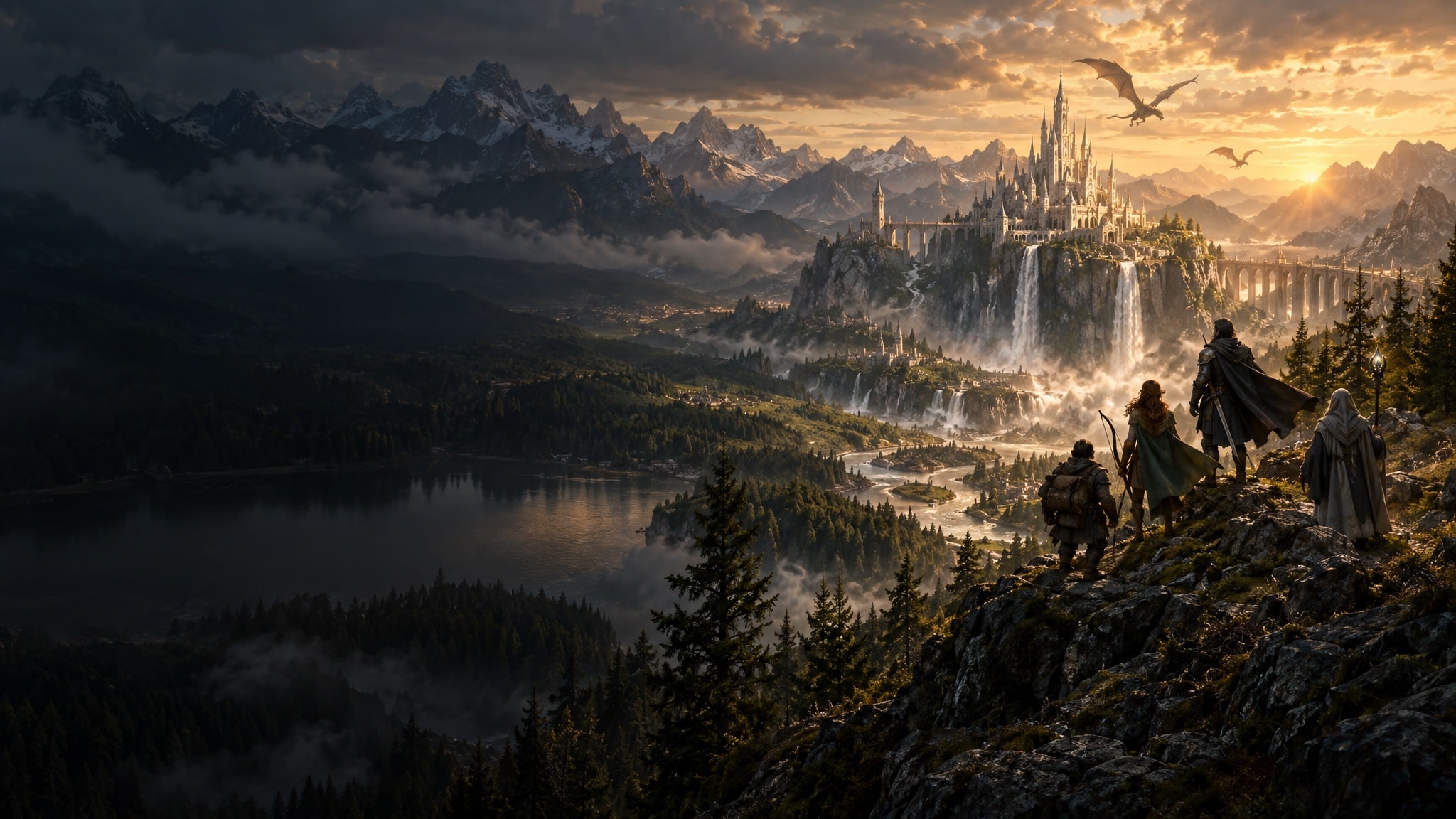 Four adventurers on a ridge above a valley of waterfalls, a white castle and a dragon in the golden distance