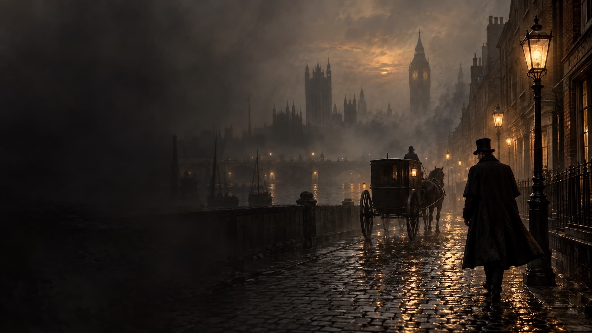 A man in a top hat and long coat walking a wet cobbled embankment at night, past gas lamps and a carriage, with a clock tower in the fog
