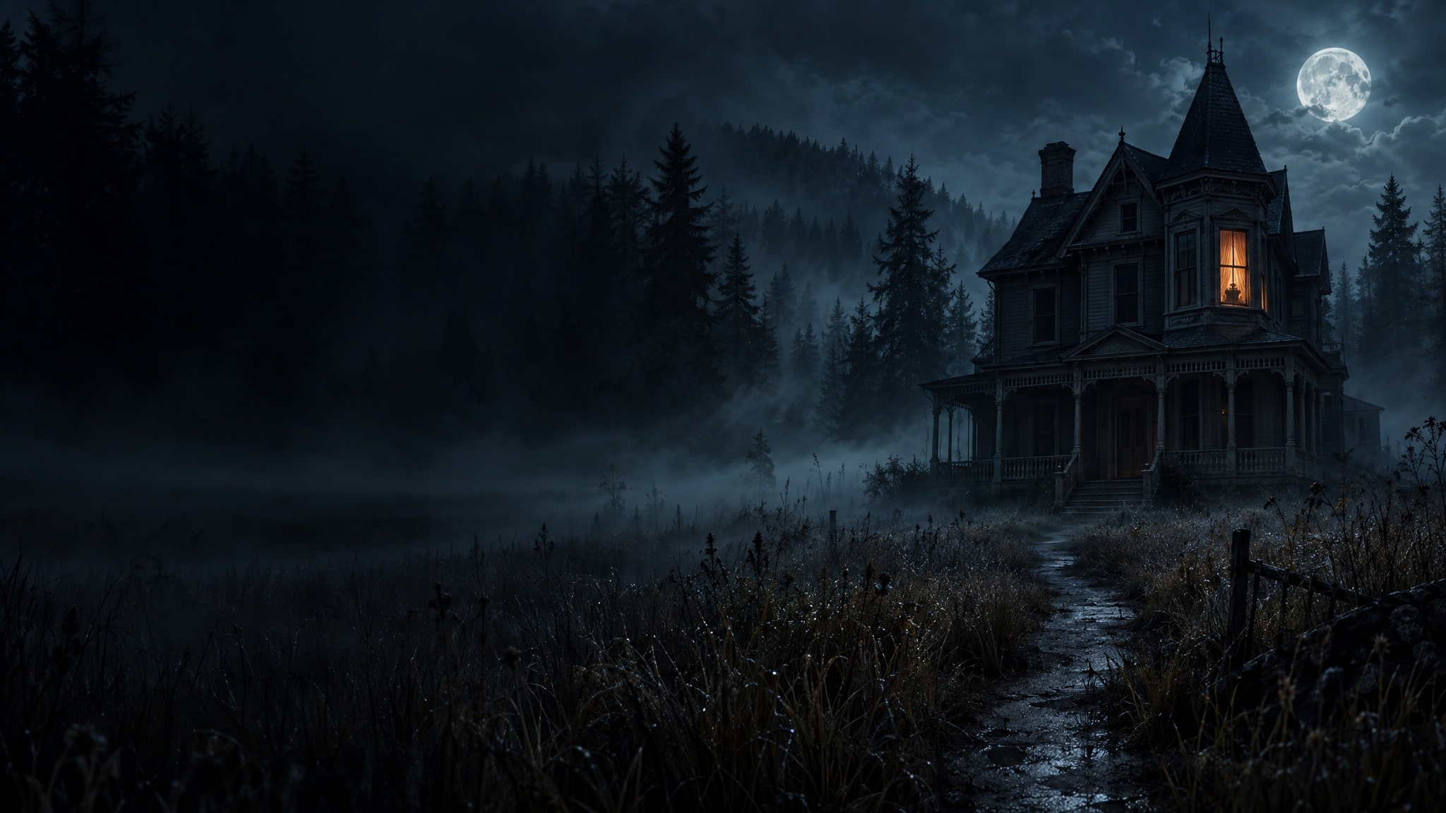 A lone Victorian house with one lit window in a misty marsh under a full moon