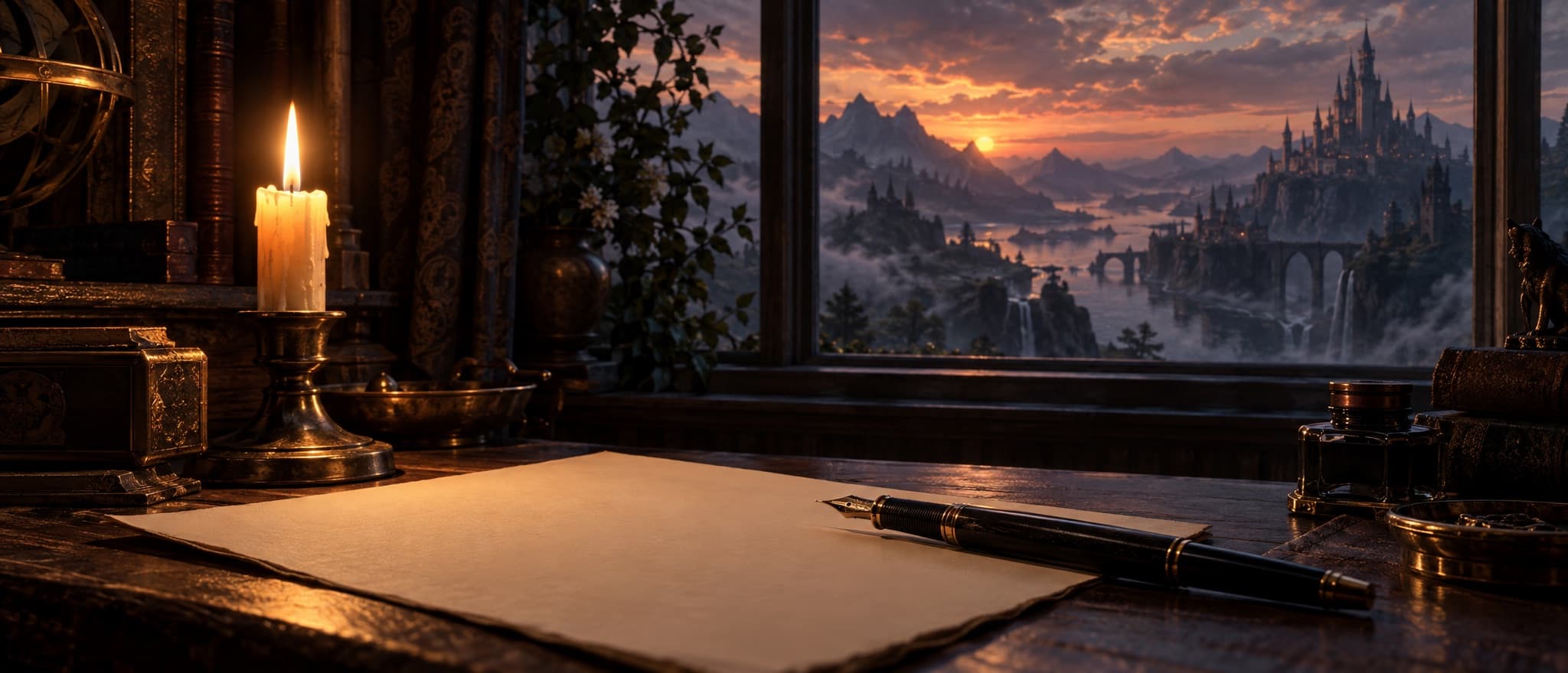 A blank sheet of paper and a fountain pen on a dark desk beside a lit candle, with castles above a misty river valley at sunset beyond the window