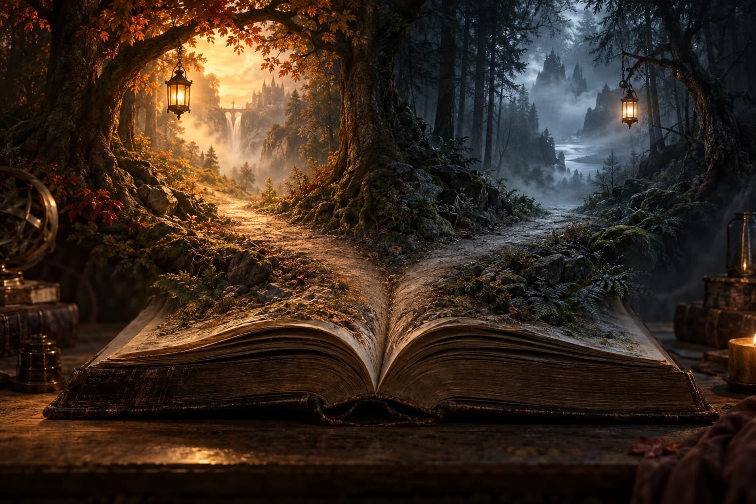 An open book whose pages become a forest path that forks, one way toward a sunlit castle and waterfall, the other into mist, with lanterns hanging over both