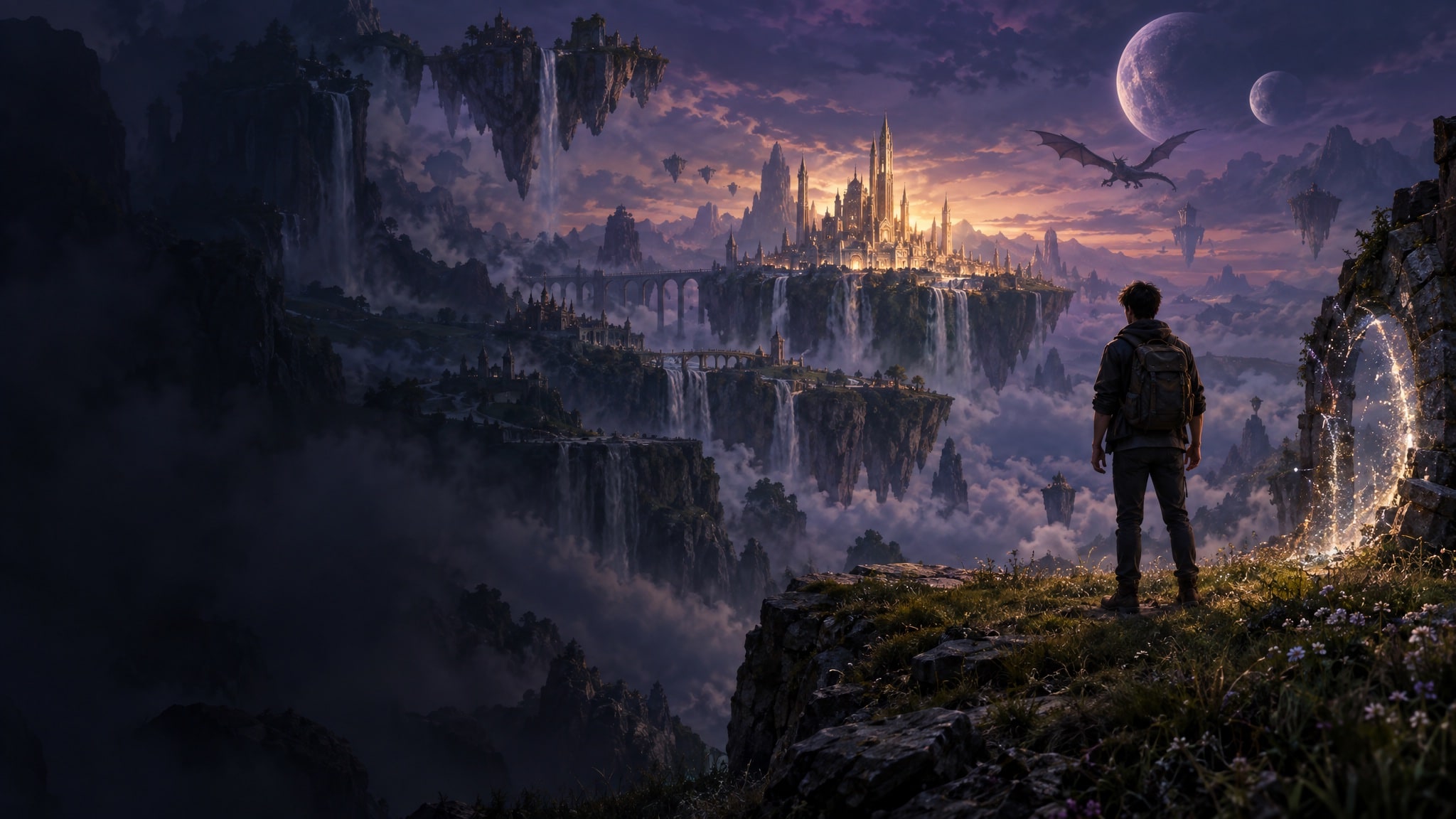 A traveller in modern clothes with a backpack stands on a flowered cliff edge beside a closing portal, facing floating islands, waterfalls, and a white city of spires under two moons in a violet dusk, a dragon in the distance