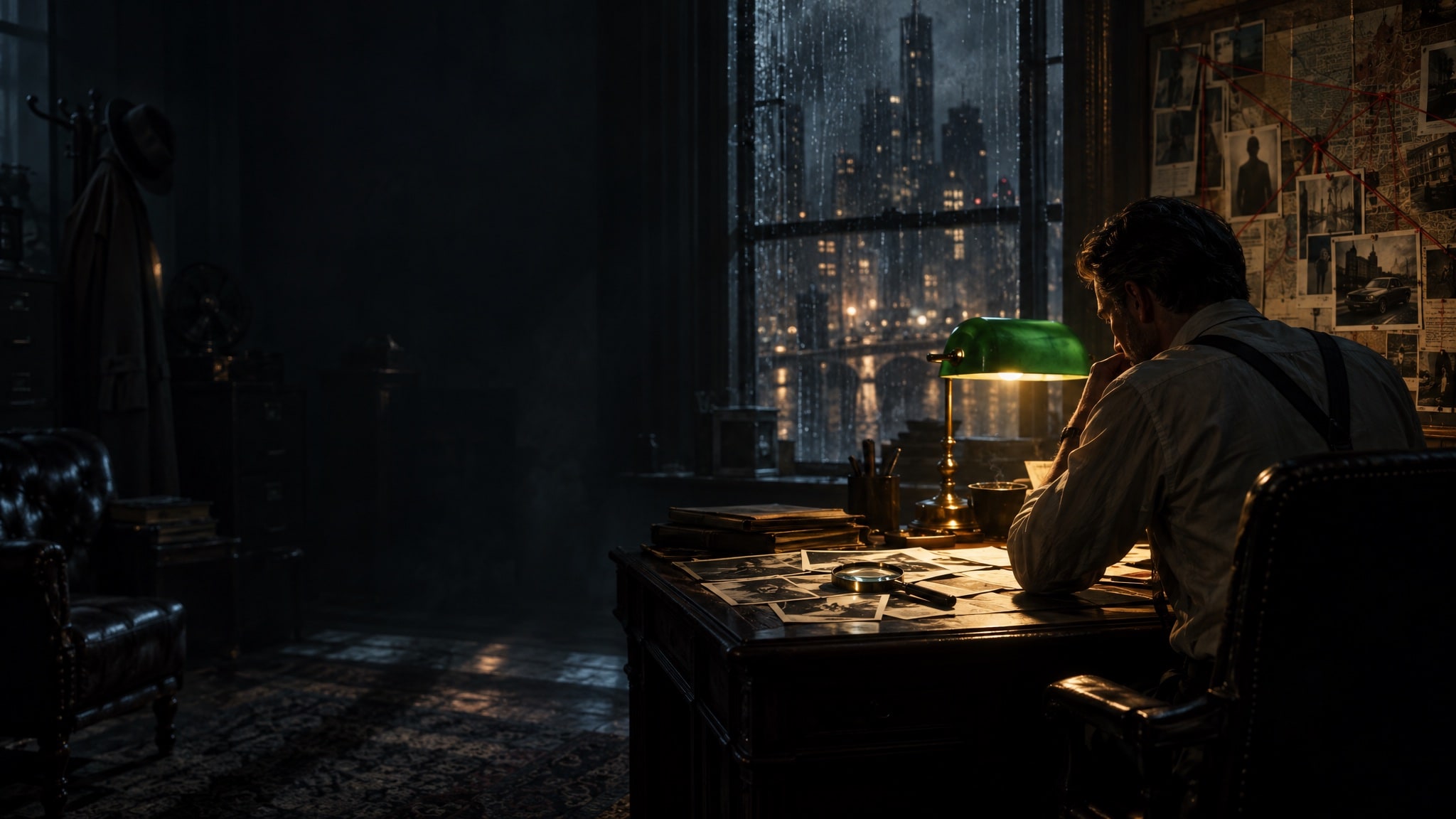 A detective at a desk under a green banker’s lamp, a rainy city beyond the window and clues pinned to the wall