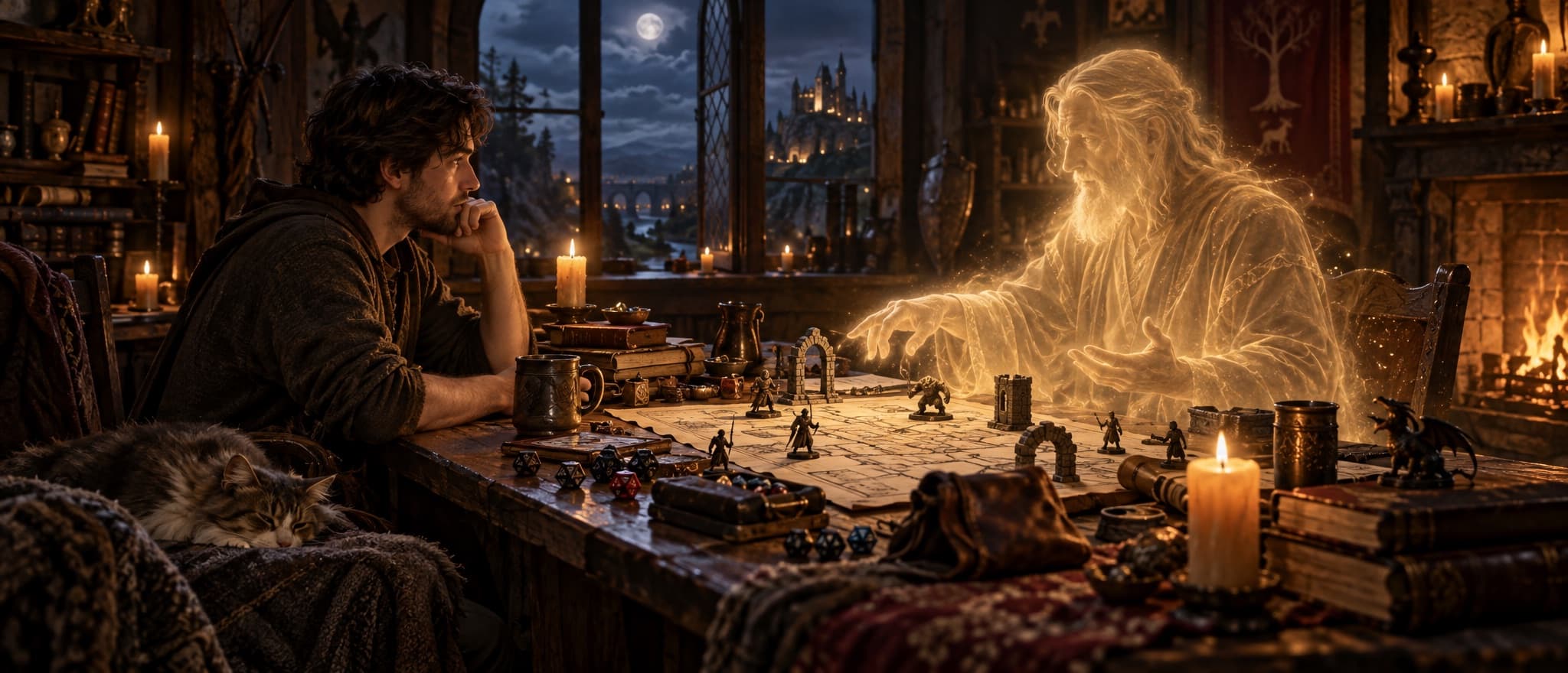 A player at a candlelit table across from a glowing spectral game master, with miniatures and a map between them