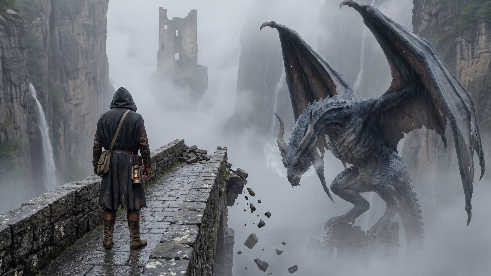 A cloaked traveller on a broken stone bridge in the mist as a grey dragon climbs out of the gorge beside it