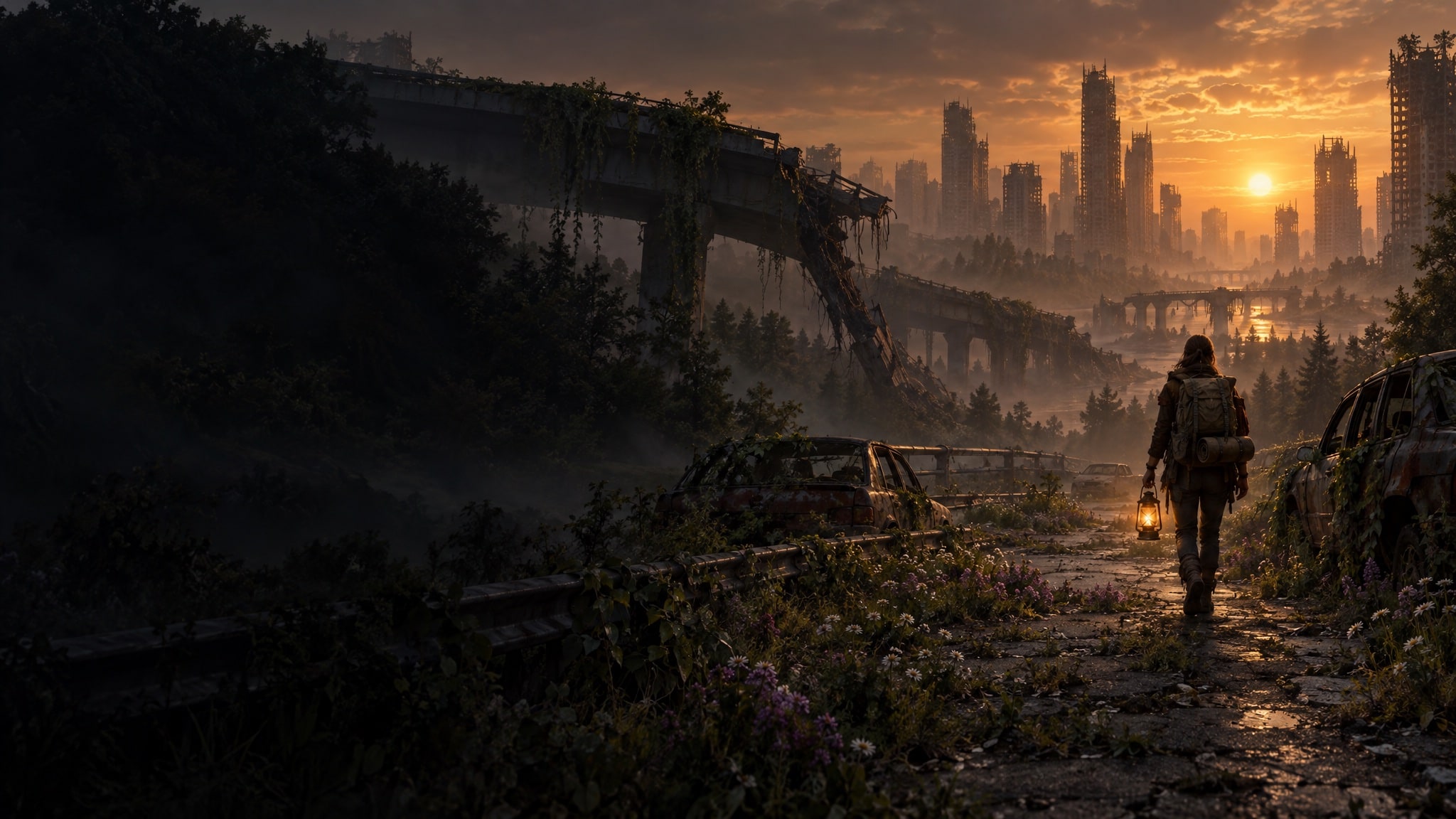 A lone traveller with a lantern on an overgrown road toward a ruined city skyline at sunset