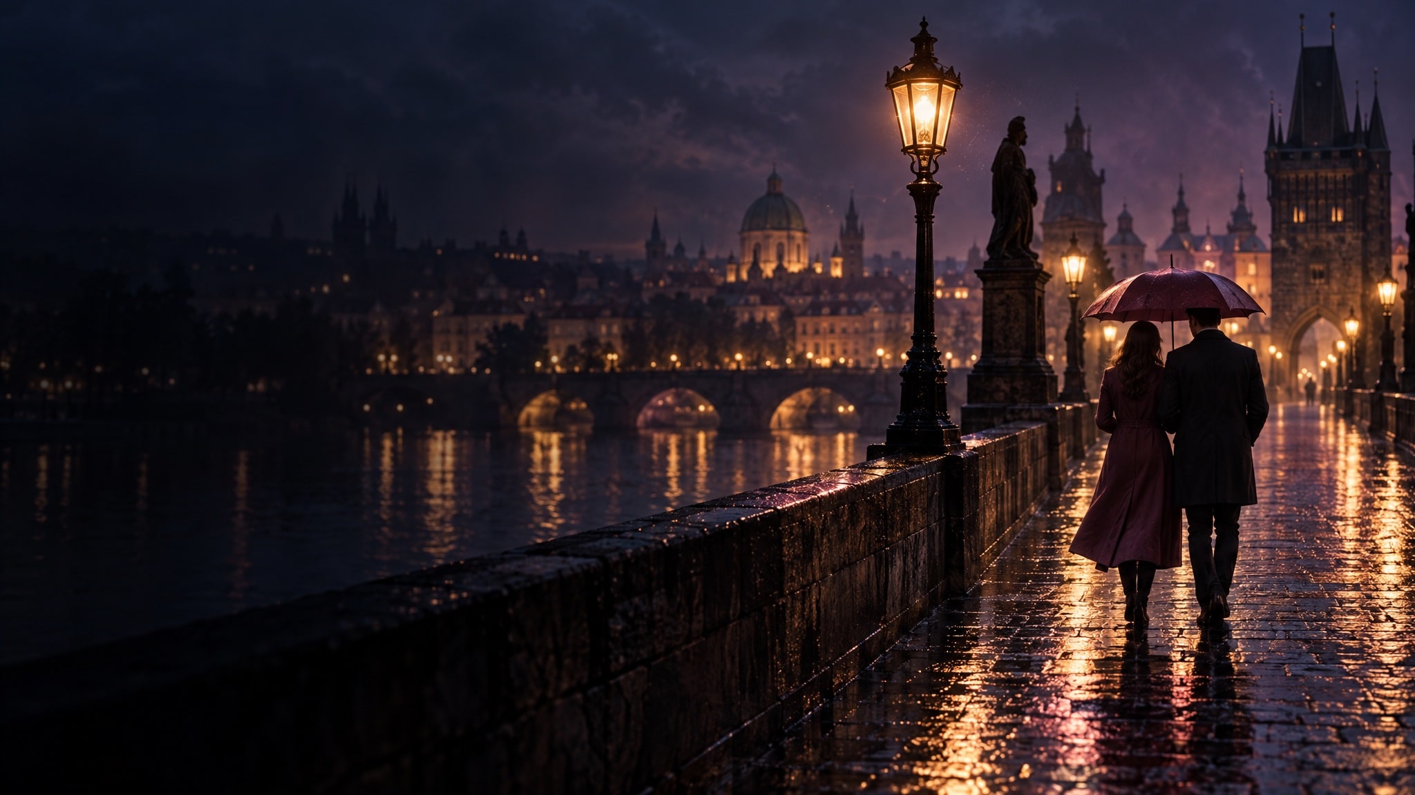 A couple sharing an umbrella on a rain-wet stone bridge at night, the old city lit up across the river