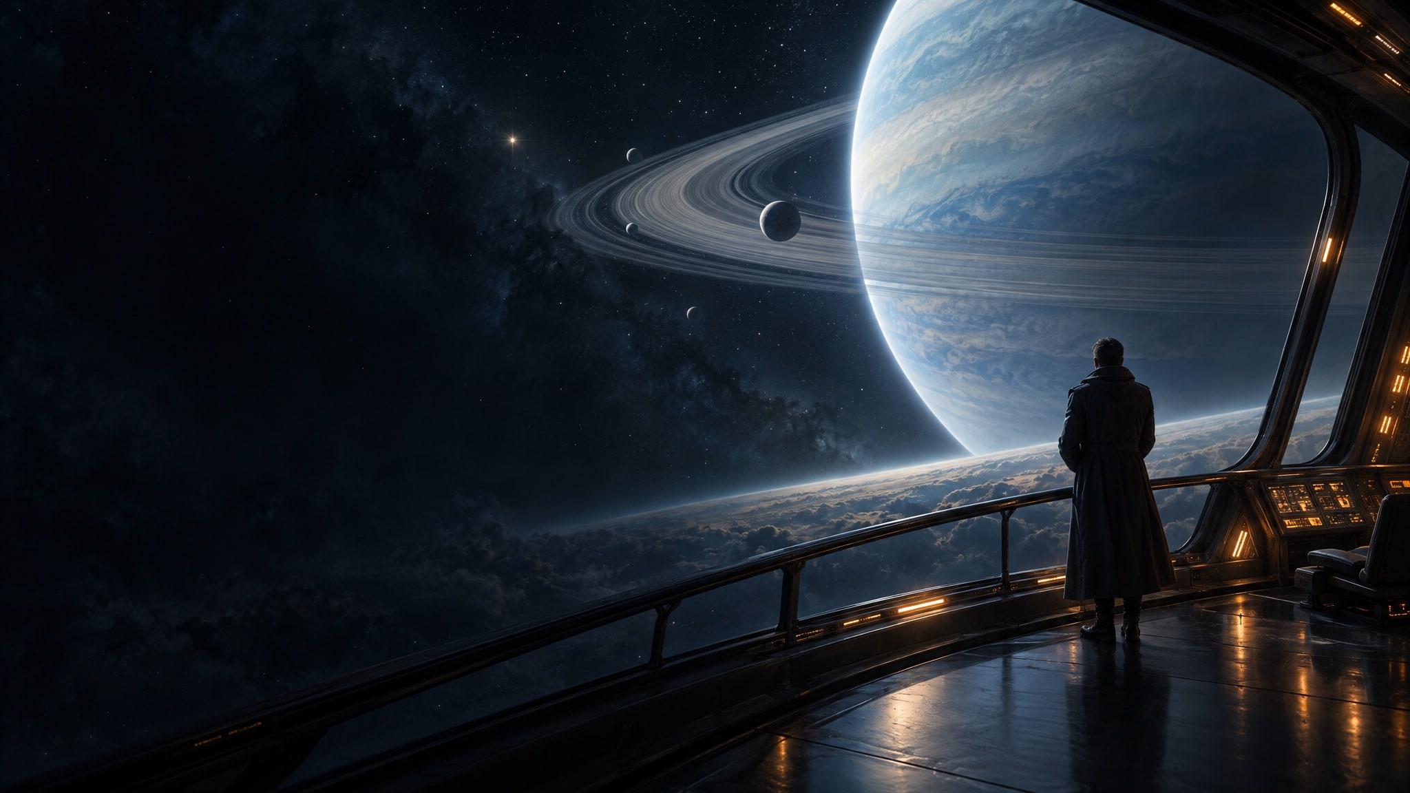 A lone figure on a starship observation deck looking out at a ringed gas giant