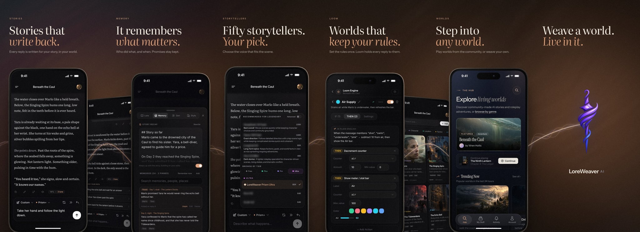 Six screens from the LoreWeaver app: a story, its memories, the storyteller picker, a Loom rule, the Hub, and the app’s mark