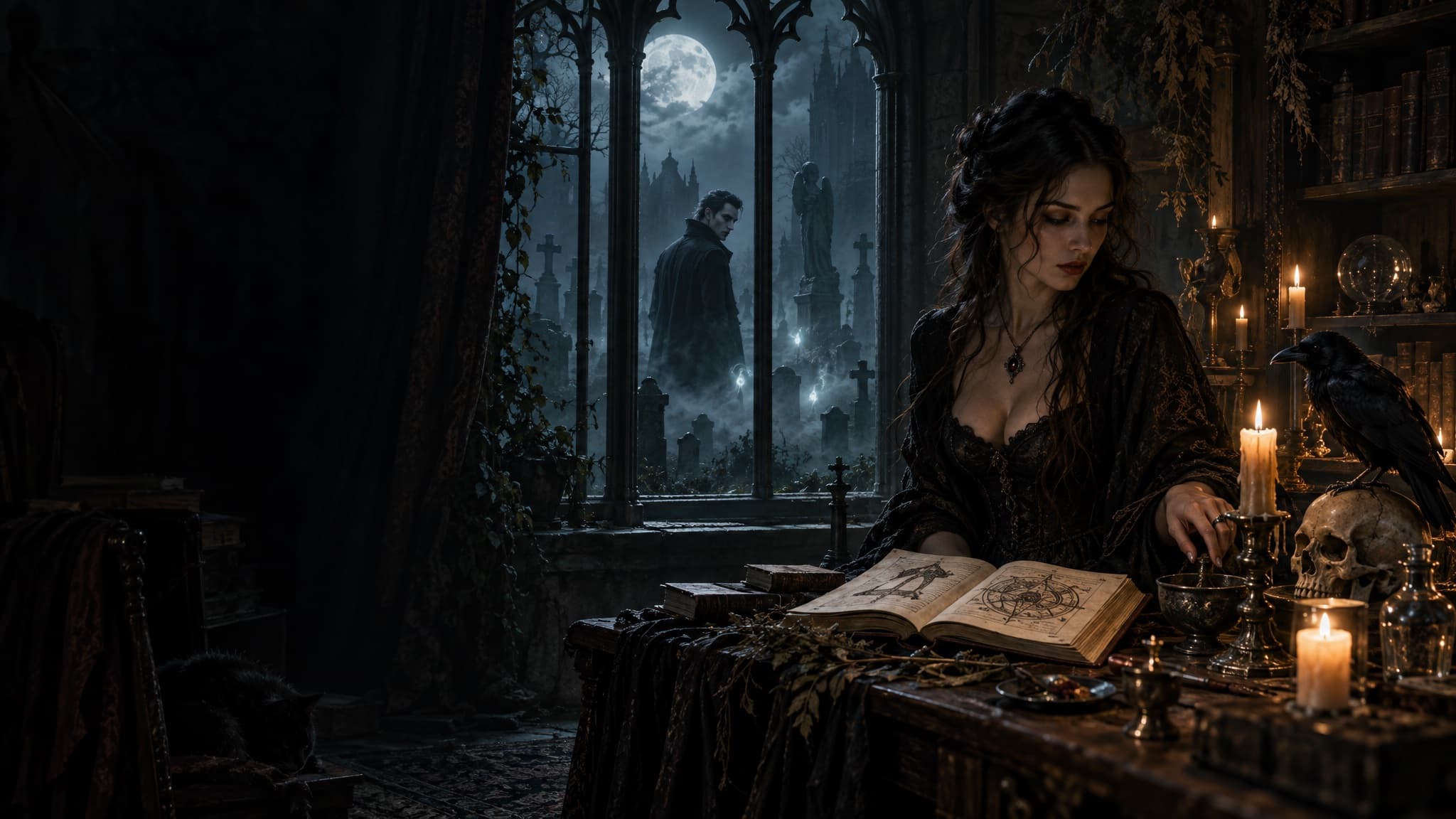A dark-haired witch at a candlelit desk with an open spellbook, a raven perched beside her and a moonlit graveyard through the window