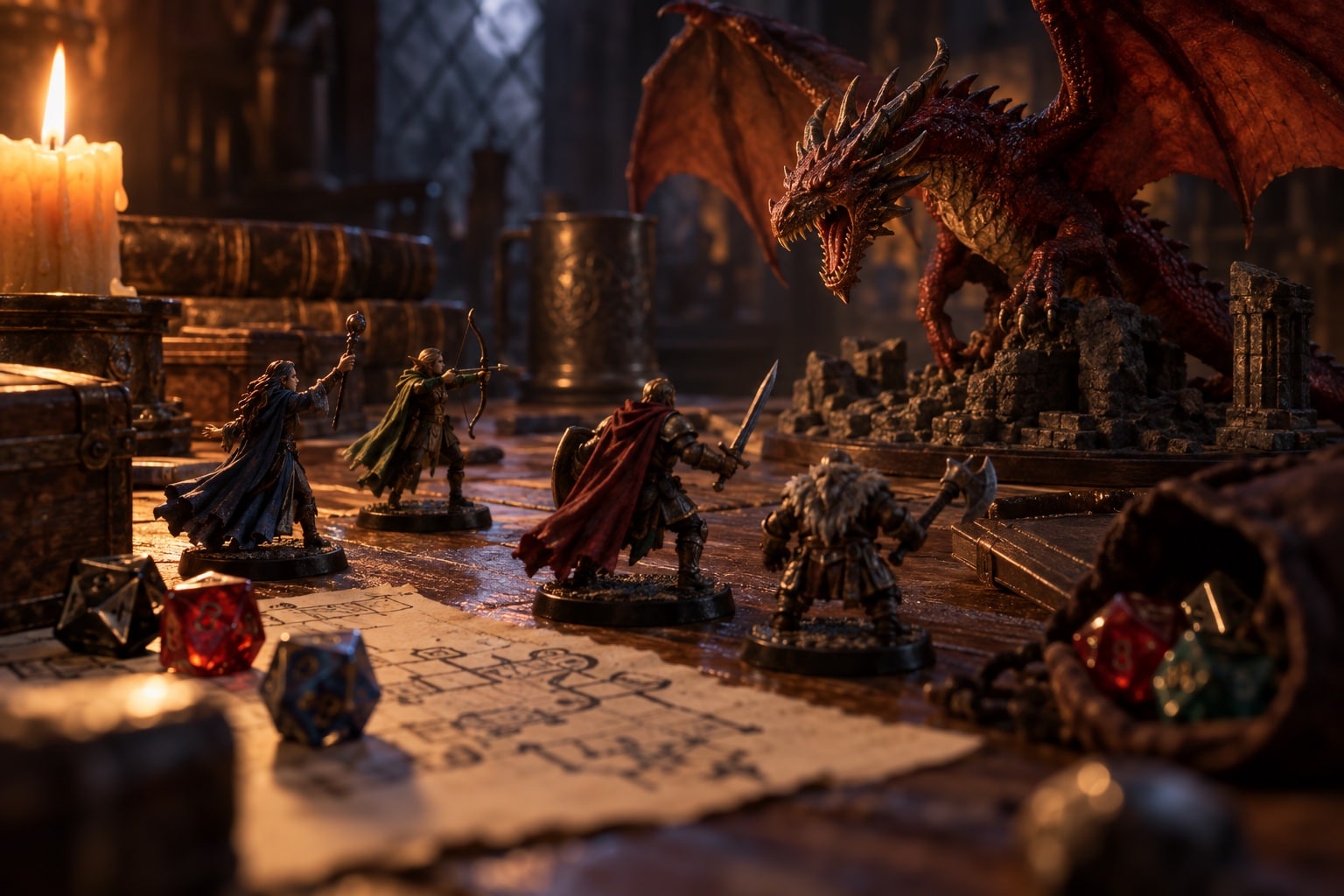 Four painted adventurer miniatures face a red dragon figure on a candlelit game table, with polyhedral dice and a hand-drawn dungeon map