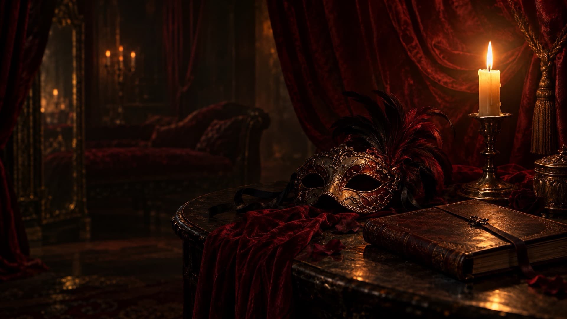 A feathered masquerade mask on red velvet beside a lit candle and a leather-bound book, in a curtained salon