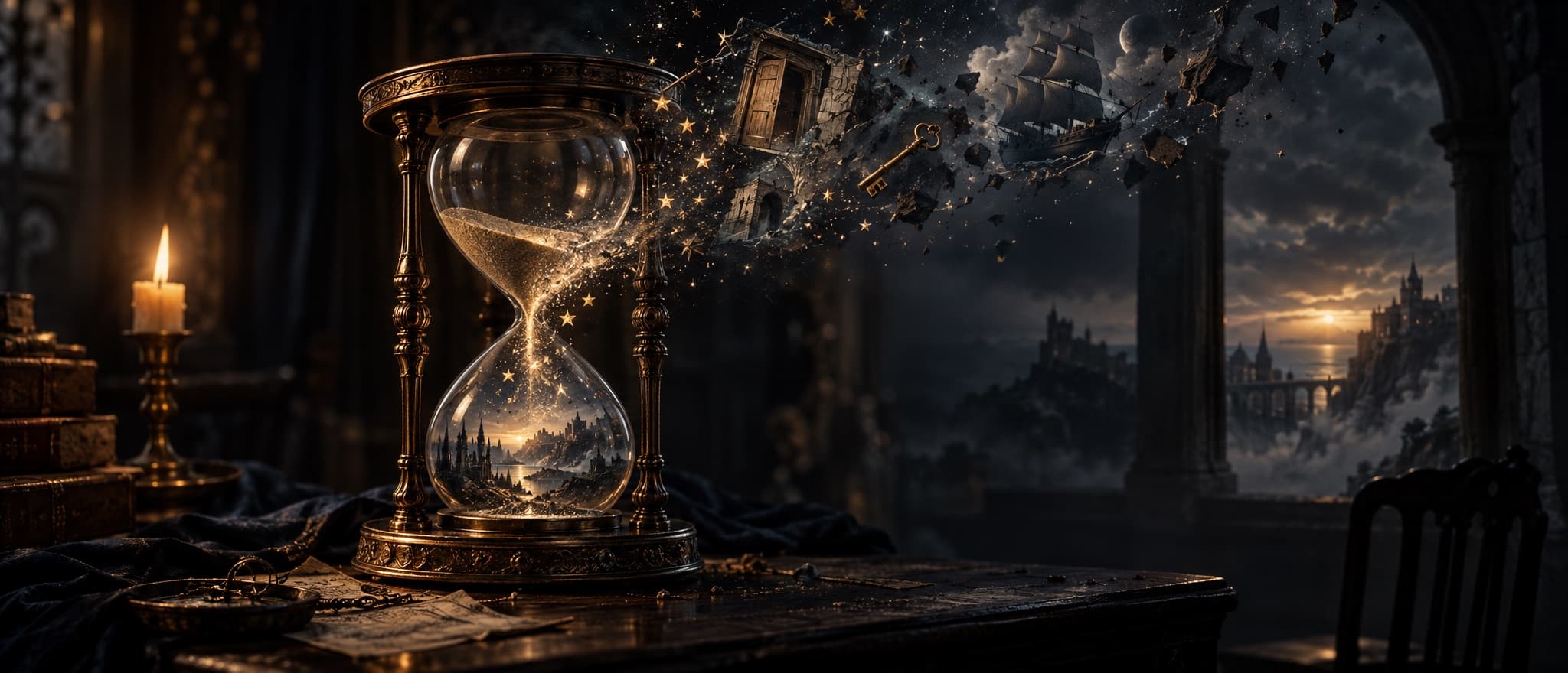 An ornate hourglass whose falling sand turns to stars that carry a door, a key, and a sailing ship out of the glass toward a castle by the sea