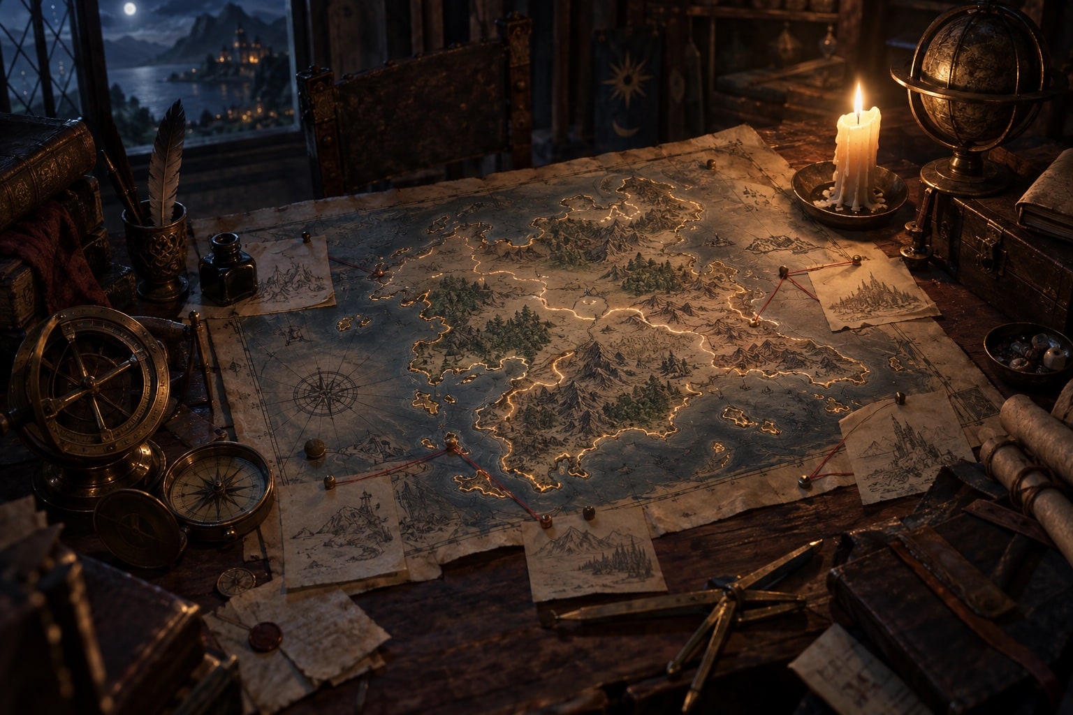 A hand-drawn island map on a candlelit desk, sketches pinned around it with red thread, a globe and brass compasses beside it