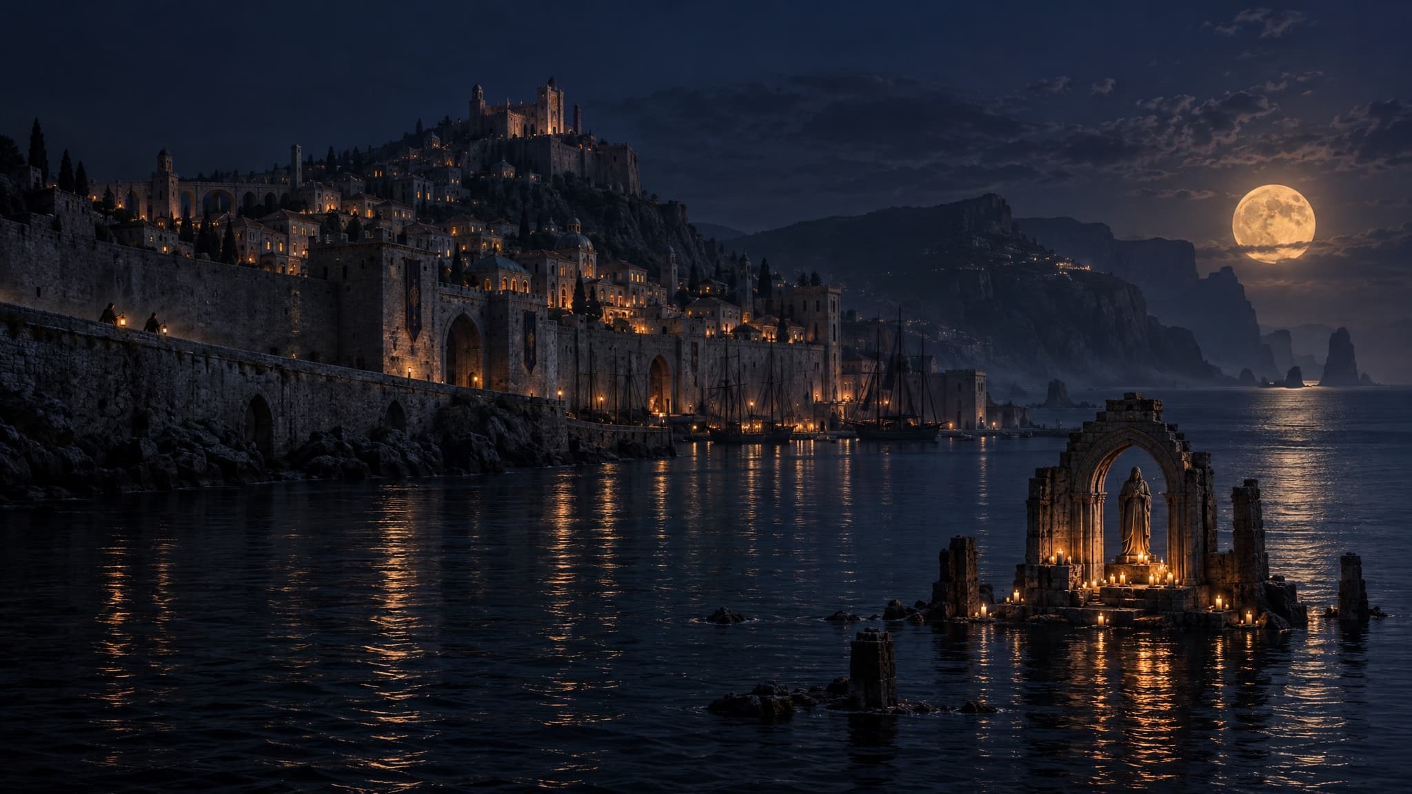 A walled harbor town climbing a hill above a moonlit bay, a candlelit chapel arch half under water