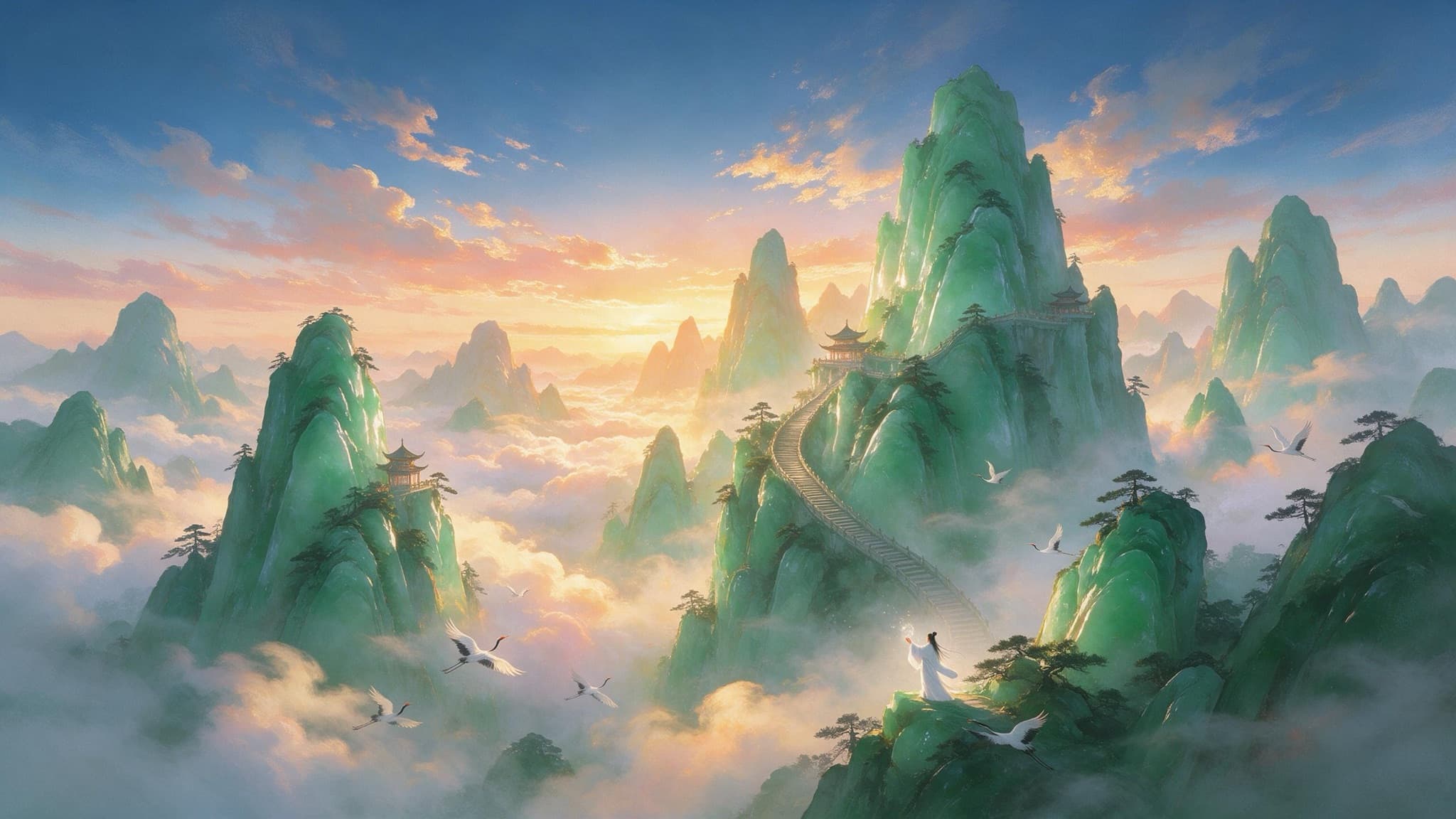 A cultivator in white robes standing on a ledge among jade peaks and clouds at sunrise, cranes in flight