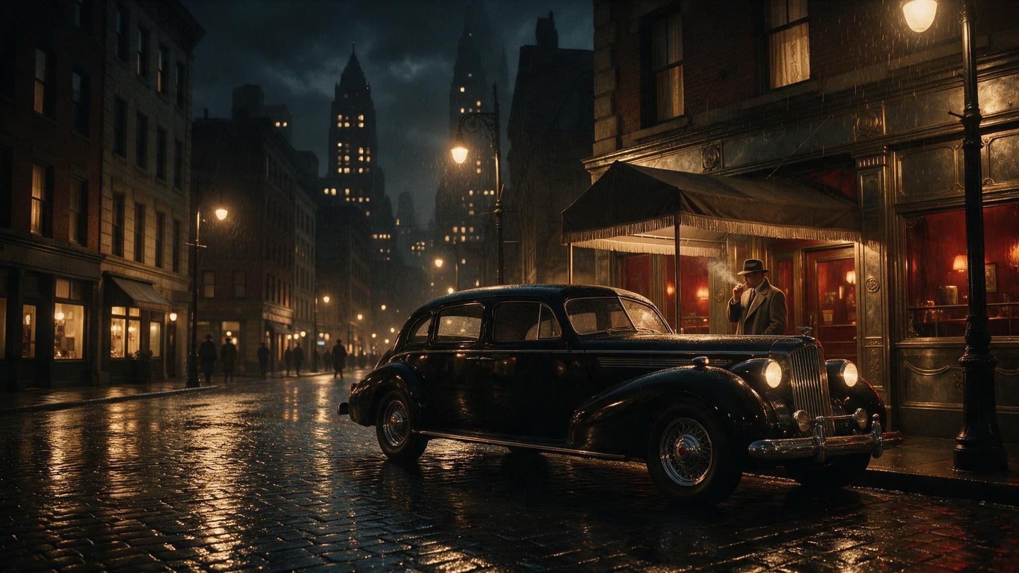 A man in a fedora under a red supper club awning on a wet cobbled street at night, beside a long black car
