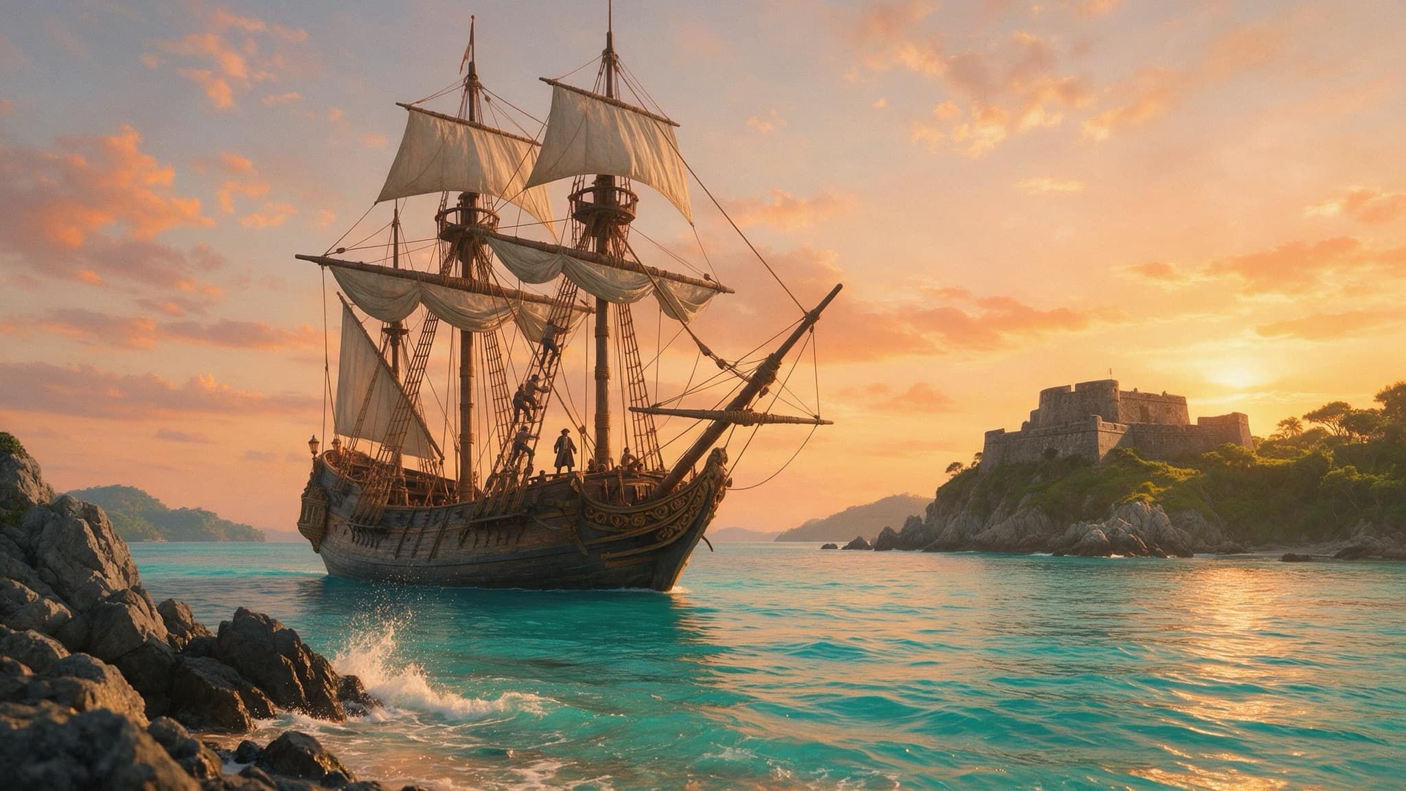 A sailing ship at anchor in a turquoise bay at sunset, a stone fort watching from the headland