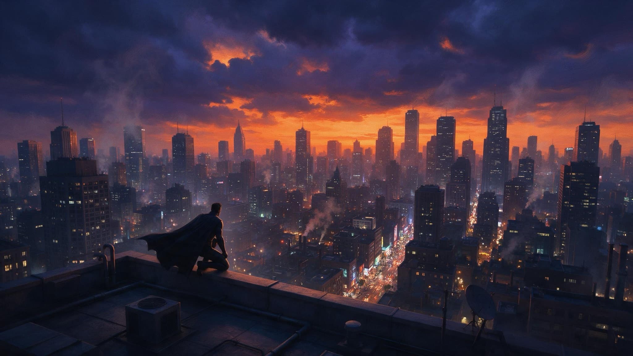 A caped figure crouched on a rooftop ledge above a glowing city at dusk, storm clouds lit orange behind the towers
