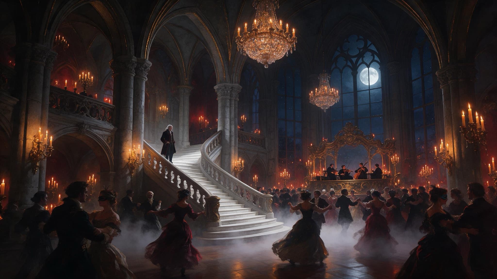 A vampire lord watching a masked ball from a marble staircase, chandeliers burning and a full moon in the window