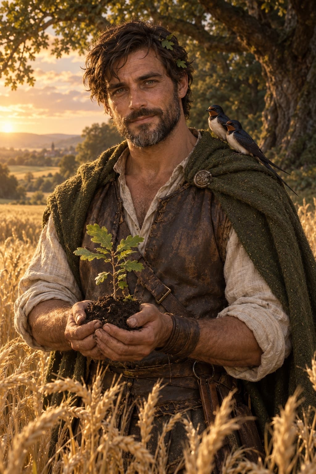 Ned Hayward, a bearded man in a green cloak holding an oak seedling in a wheat field, two swallows on his shoulder