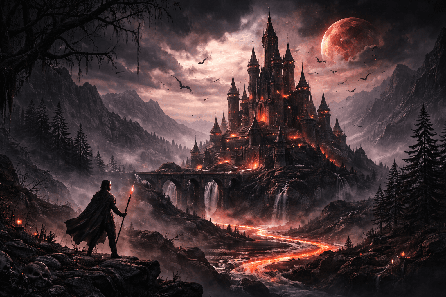 A cloaked figure with a glowing spear before a black castle under a blood-red moon, a river of fire below