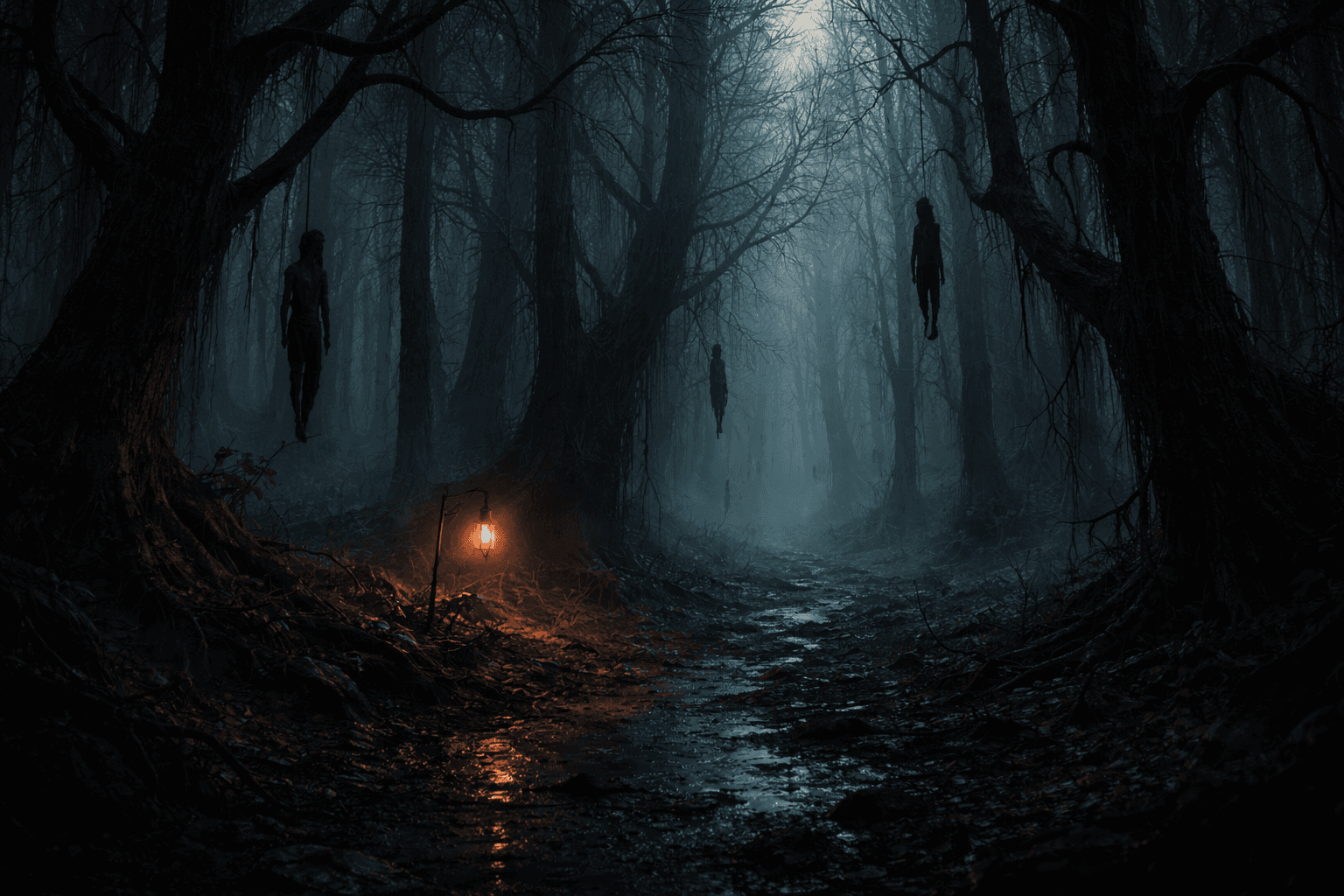 A dark forest path at night, a single lantern burning and figures hanging from the trees