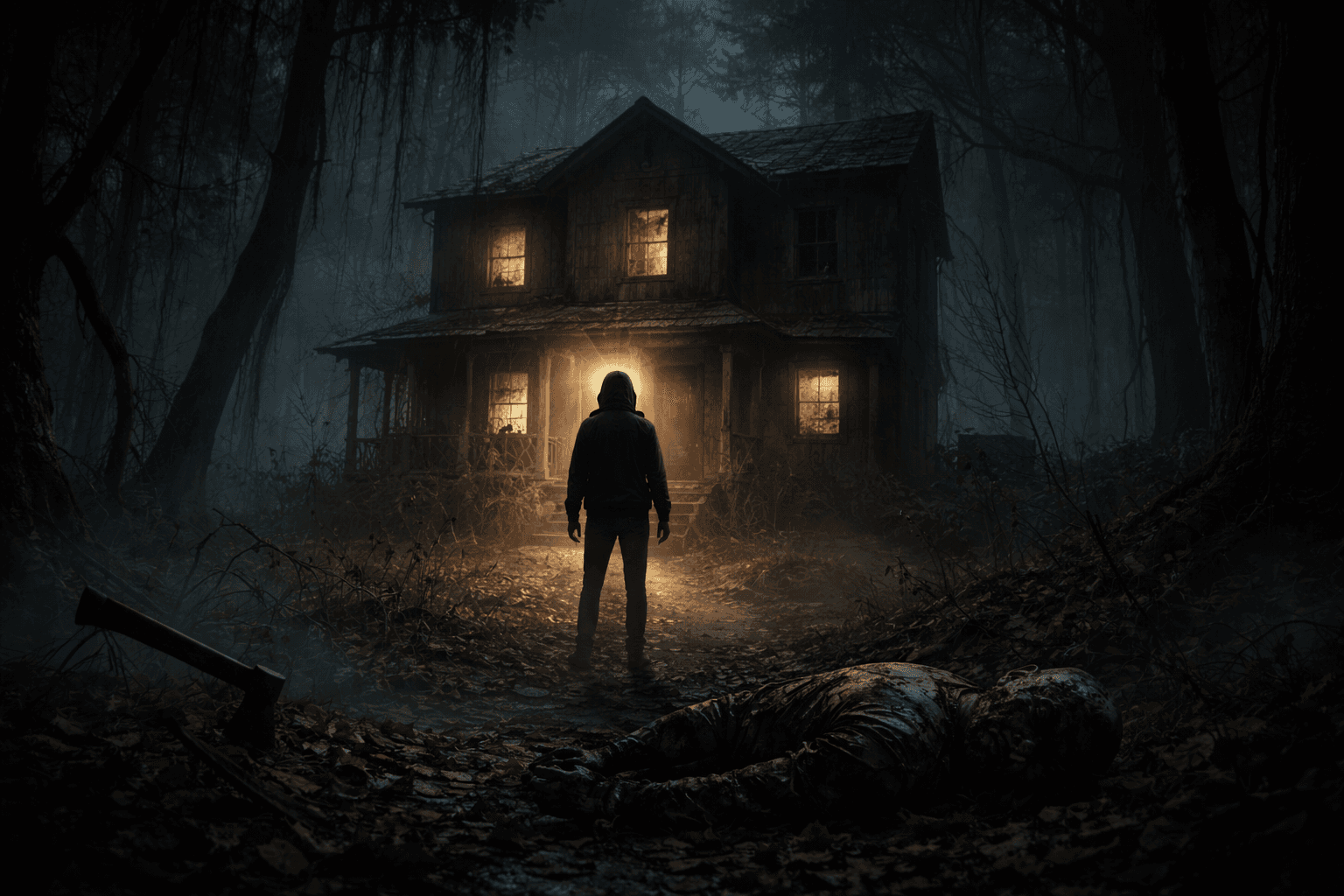 A hooded figure faces a lamplit cabin in a dark forest at night, an axe and a body lying in the leaves behind them