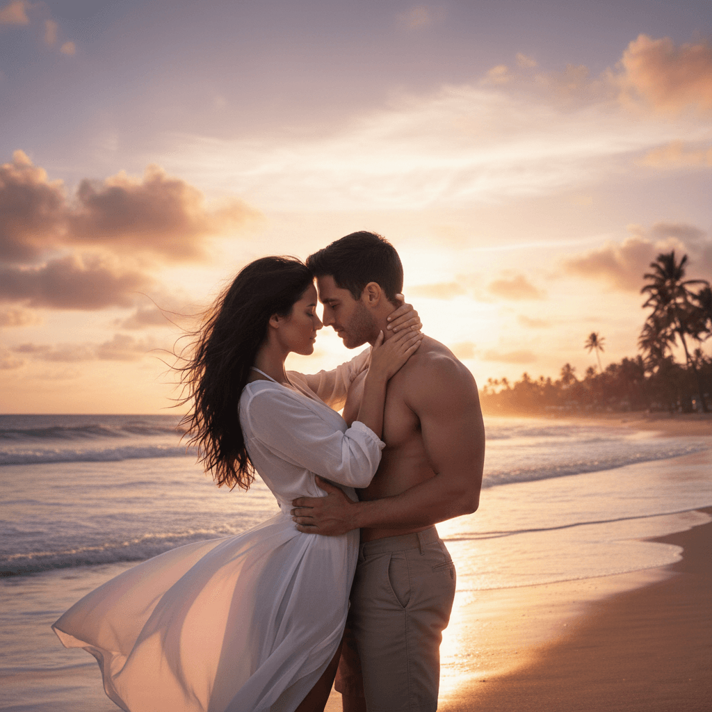 A couple embracing on a beach at sunset, palm trees along the shore