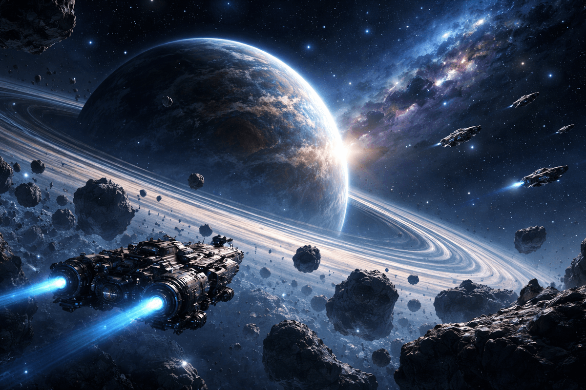 A distant moonlit science-fiction city