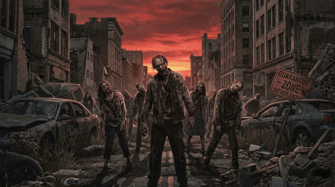 A crowd of zombies walking down a ruined city street under a red sky, past a quarantine sign