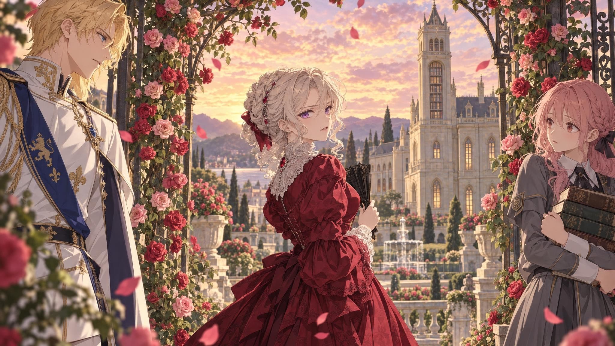A silver-haired noblewoman in a crimson gown under a rose arch, a blond prince on one side and a pink-haired girl with an armful of books on the other