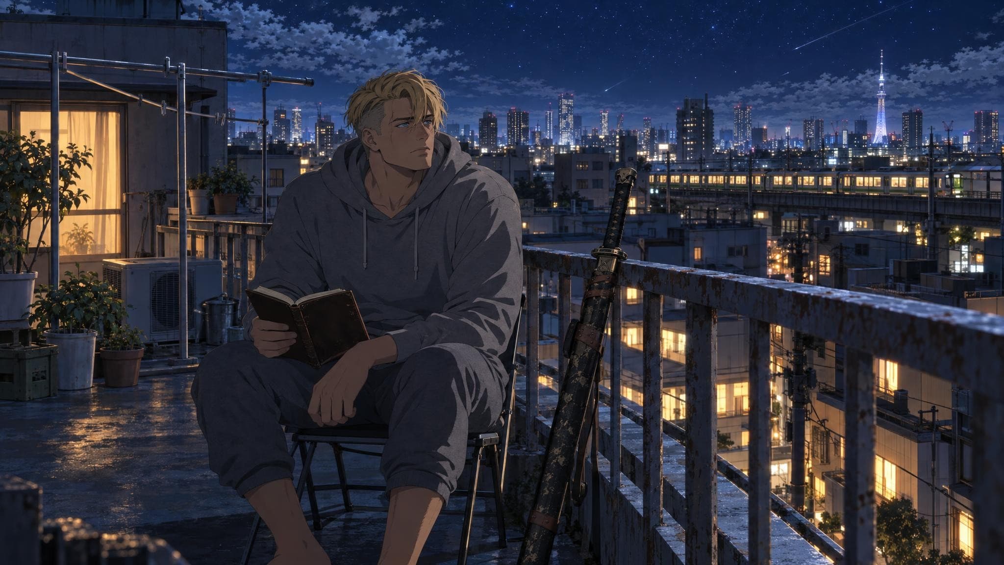A broad-shouldered blond man in a grey hoodie reading on a rainy apartment balcony at night, a sheathed sword against the railing and the city lit up behind him