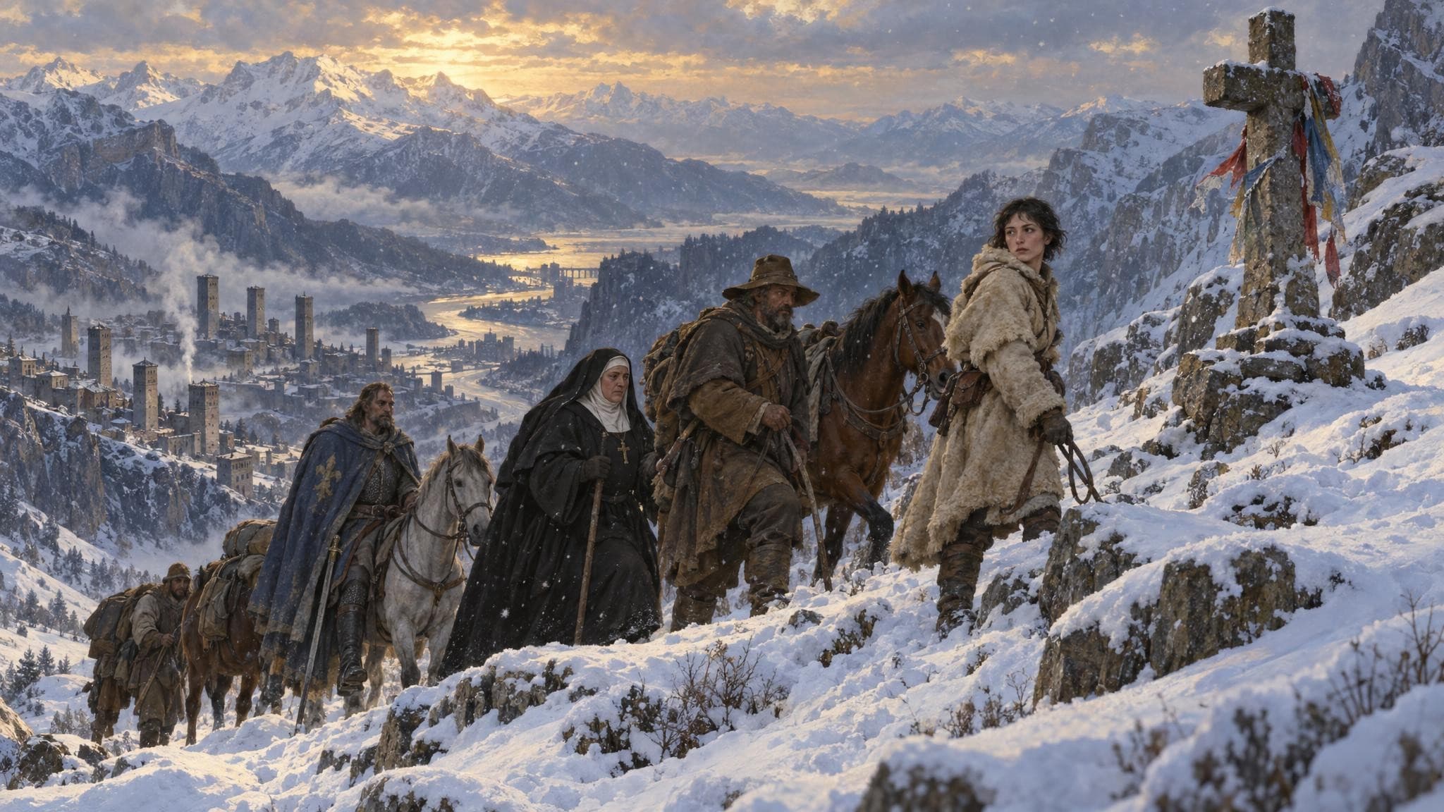 A party leading horses up a snowy mountain pass at sunset, a woman in a fur coat at the front and a stone cross hung with ribbons above the valley