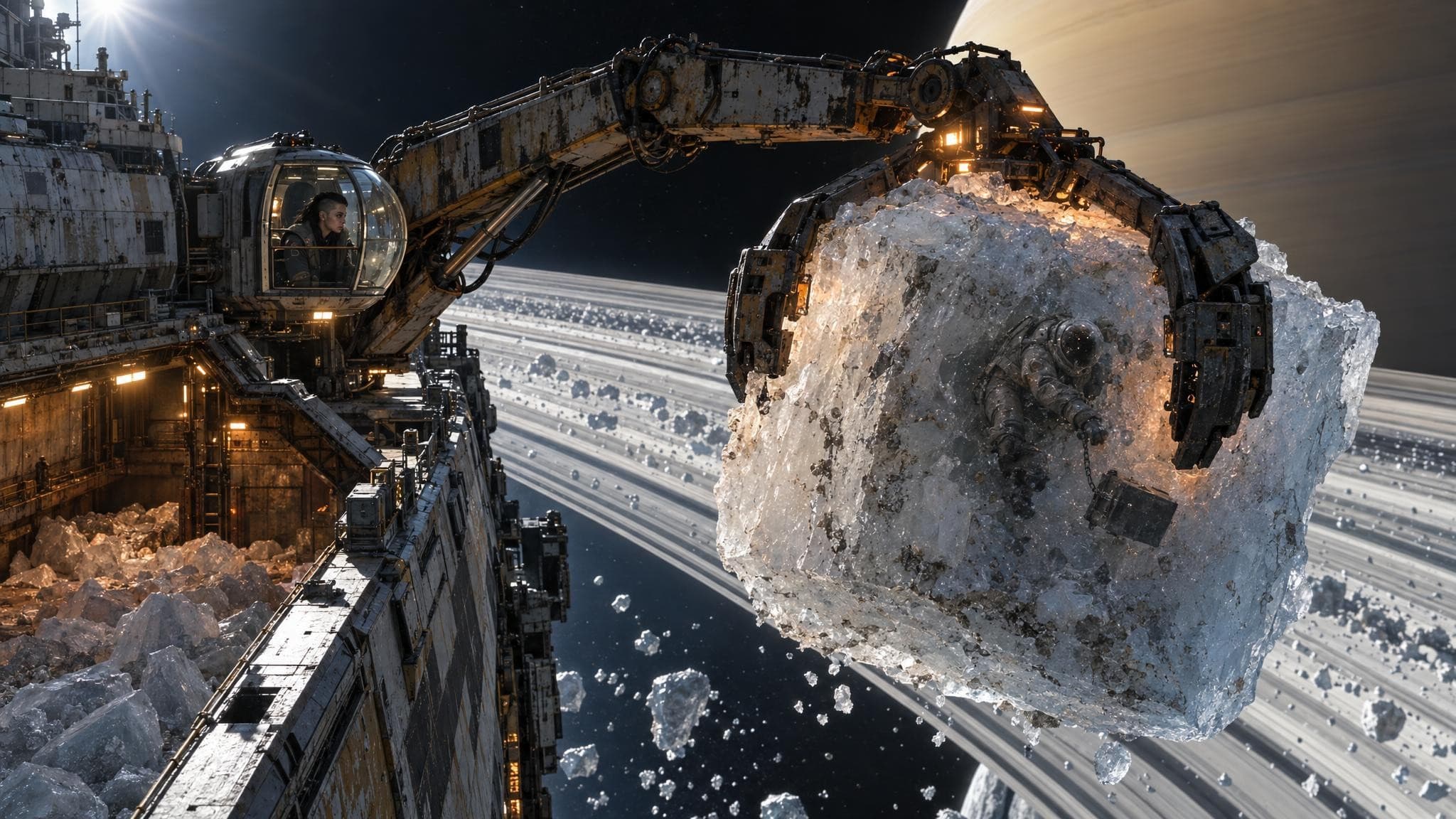 A mining ship’s crane arm gripping a huge block of ice with a spacesuited body frozen inside, Saturn and its rings behind