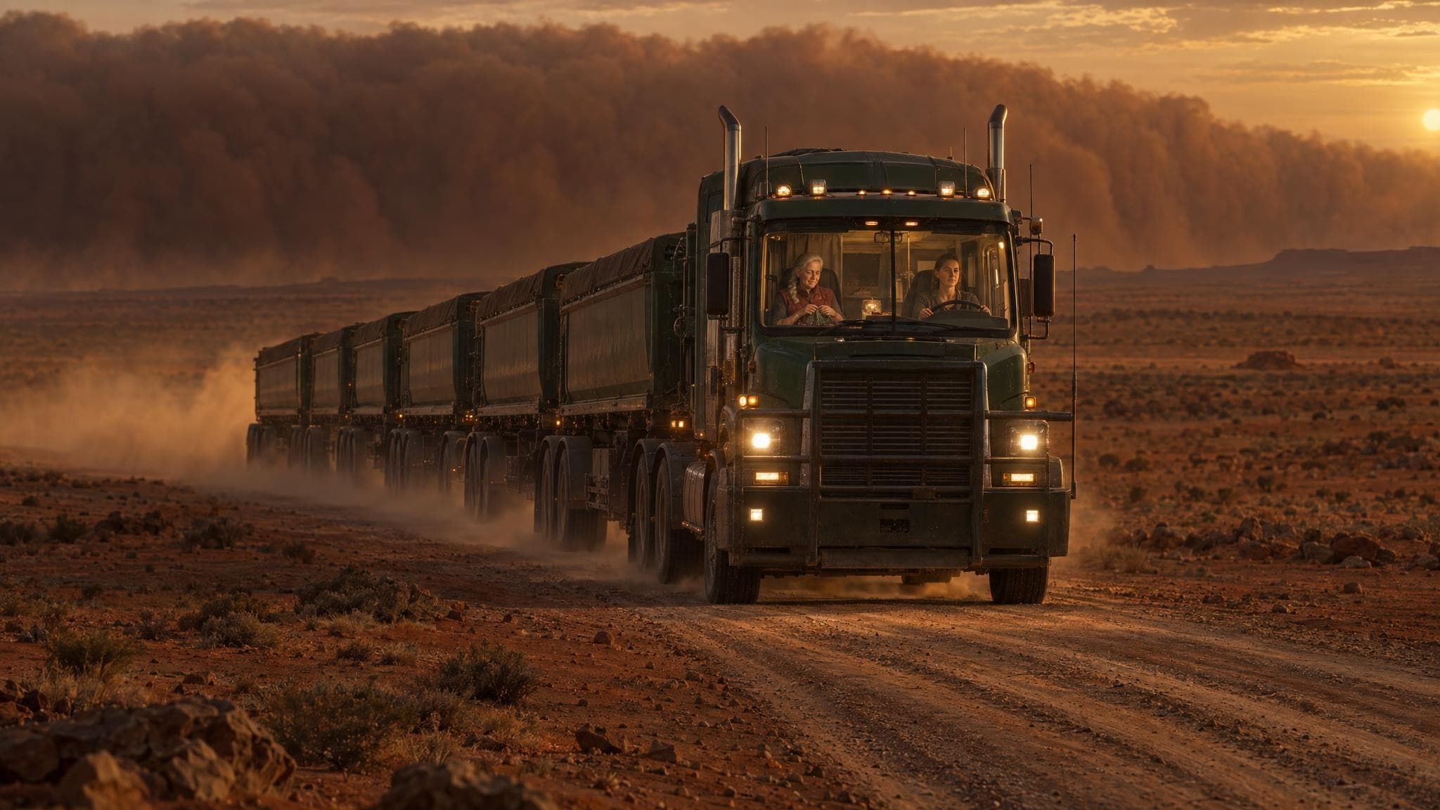 A long green road train with its lights on crosses a red desert track at sunset, two drivers in the cab and a wall of dust rolling in behind it