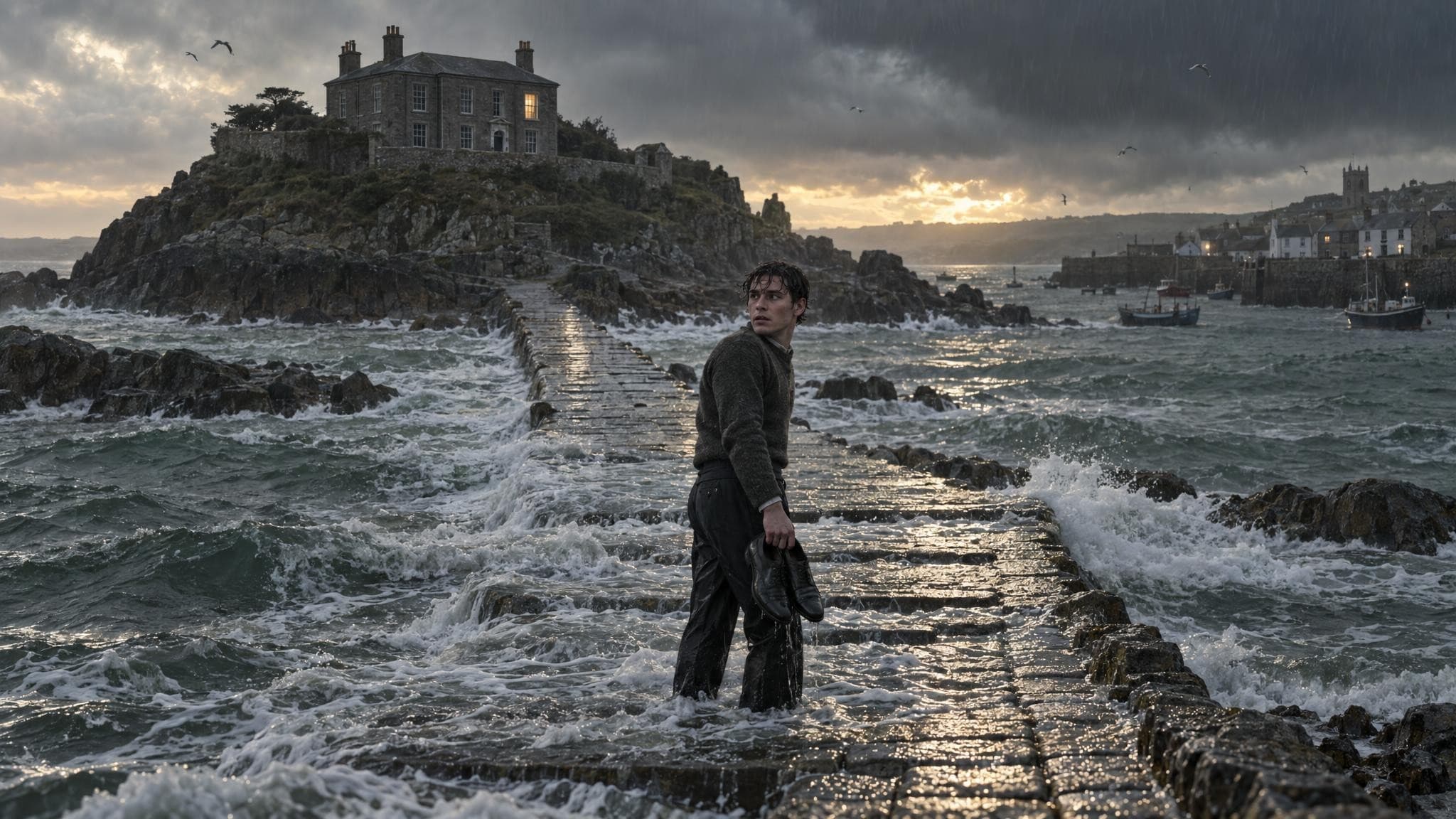 A soaked young man holding his shoes on a flooded stone causeway, a granite island with a lone stone house behind him under storm clouds