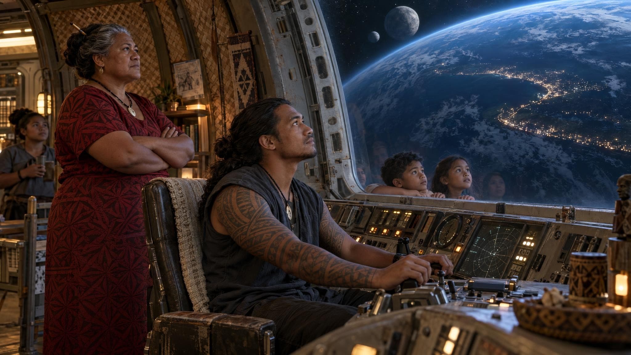 A tattooed pilot at the controls of a generation ship, an older woman and children at the window beside him, as an ocean planet with city lights along its coast fills the view